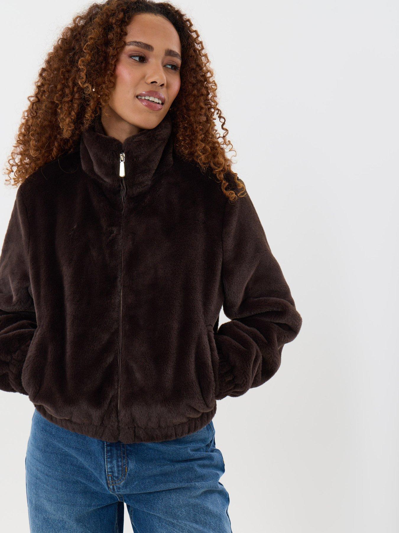 Image 3 of 4 of Threadbare Faux Fur Bomber Jacket In Chocolate Brown
