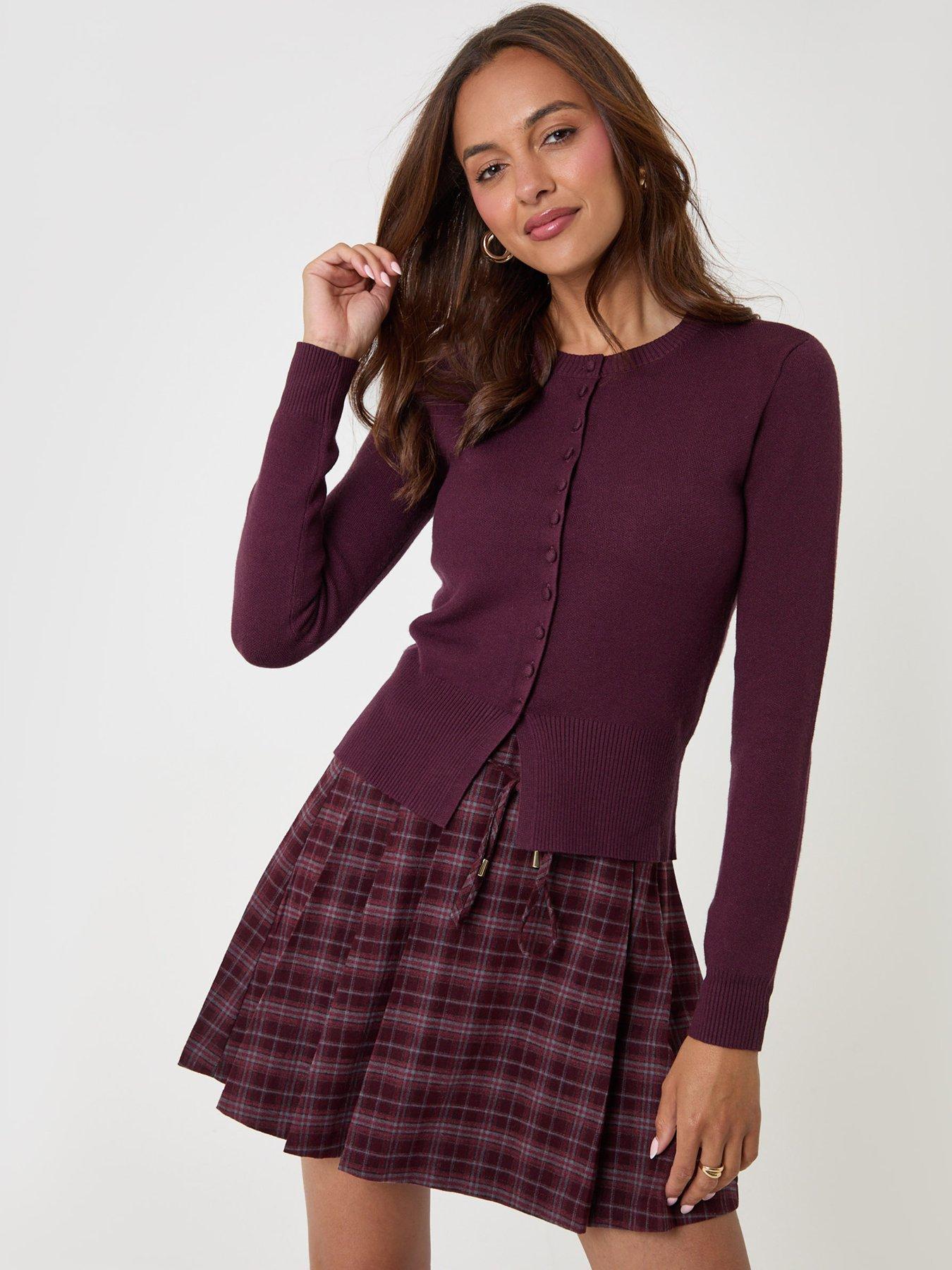 Image 3 of 4 of Threadbare Crew Neck Compact Knitted Cardigan In Plum