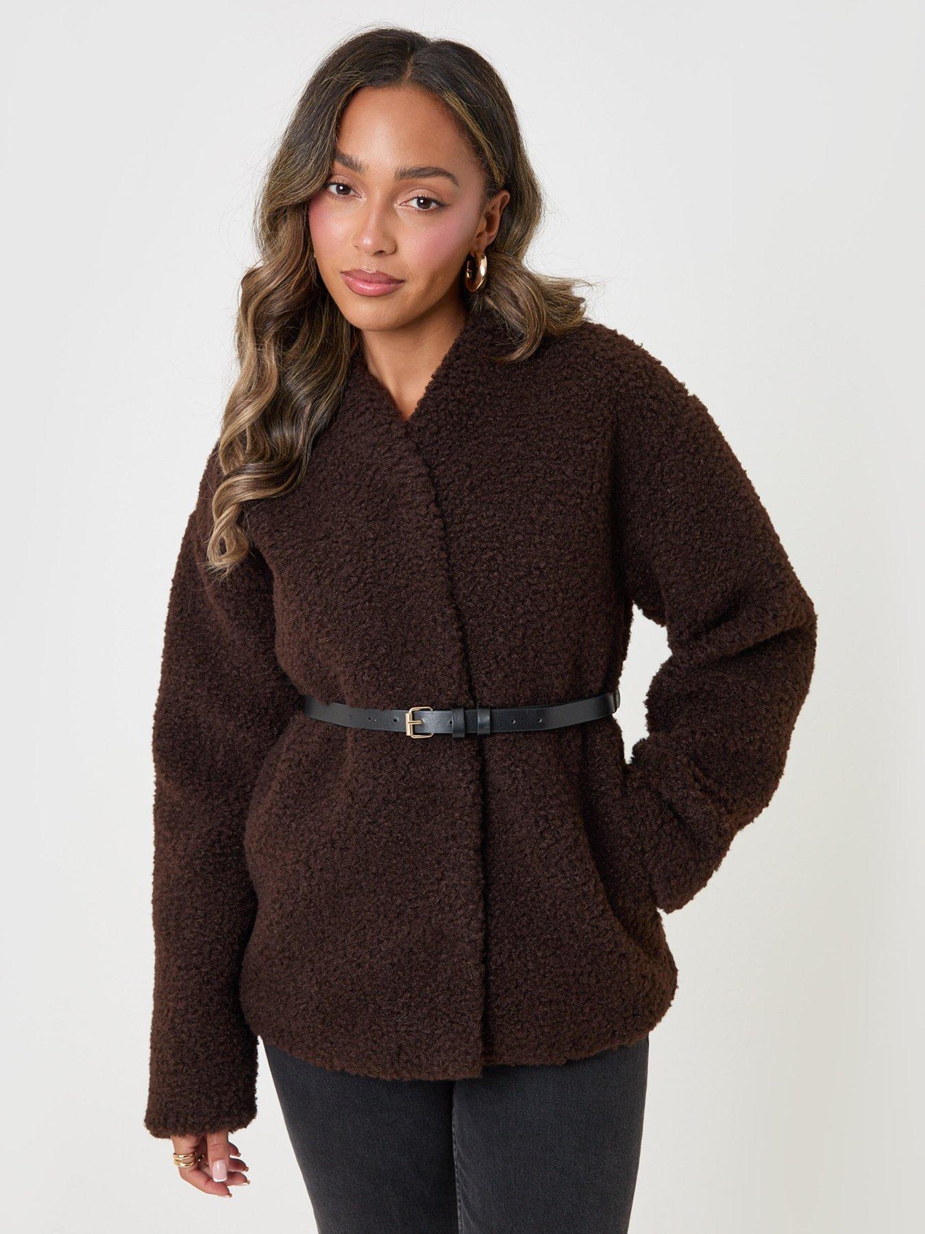 Image 1 of 4 of Threadbare Borg Belted Wrap Jacket In Chocolate Brown
