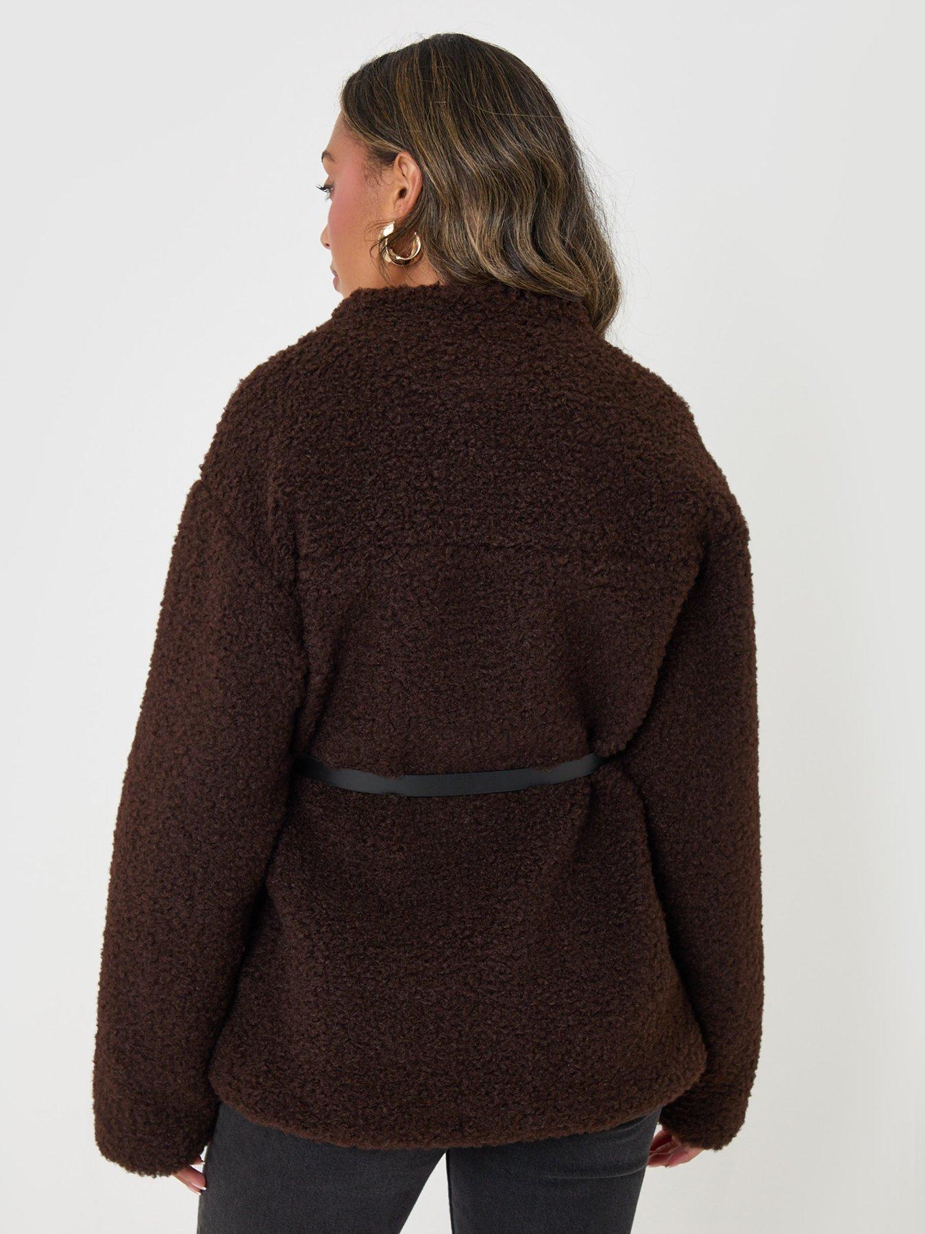 Image 2 of 4 of Threadbare Borg Belted Wrap Jacket In Chocolate Brown