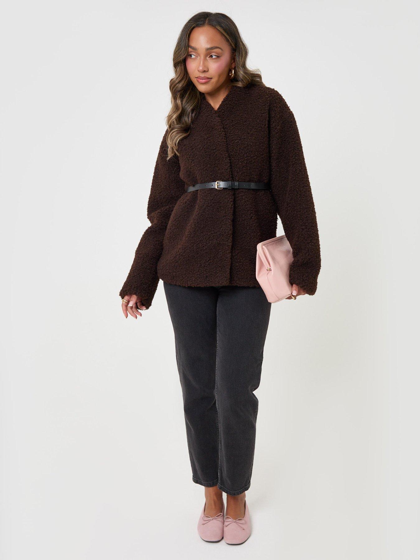 Image 3 of 4 of Threadbare Borg Belted Wrap Jacket In Chocolate Brown