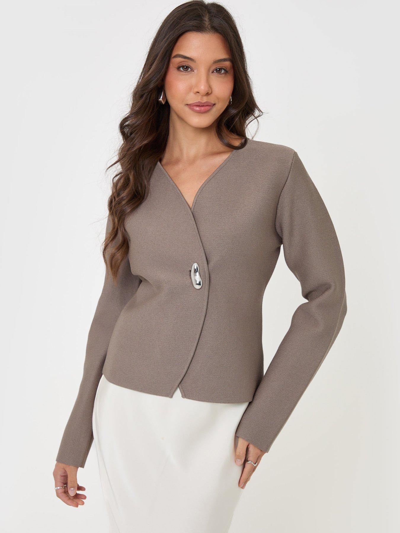 Image 1 of 4 of Threadbare Womens Cross-Front V Neck Statement Button Cardigan - Mink Brown
