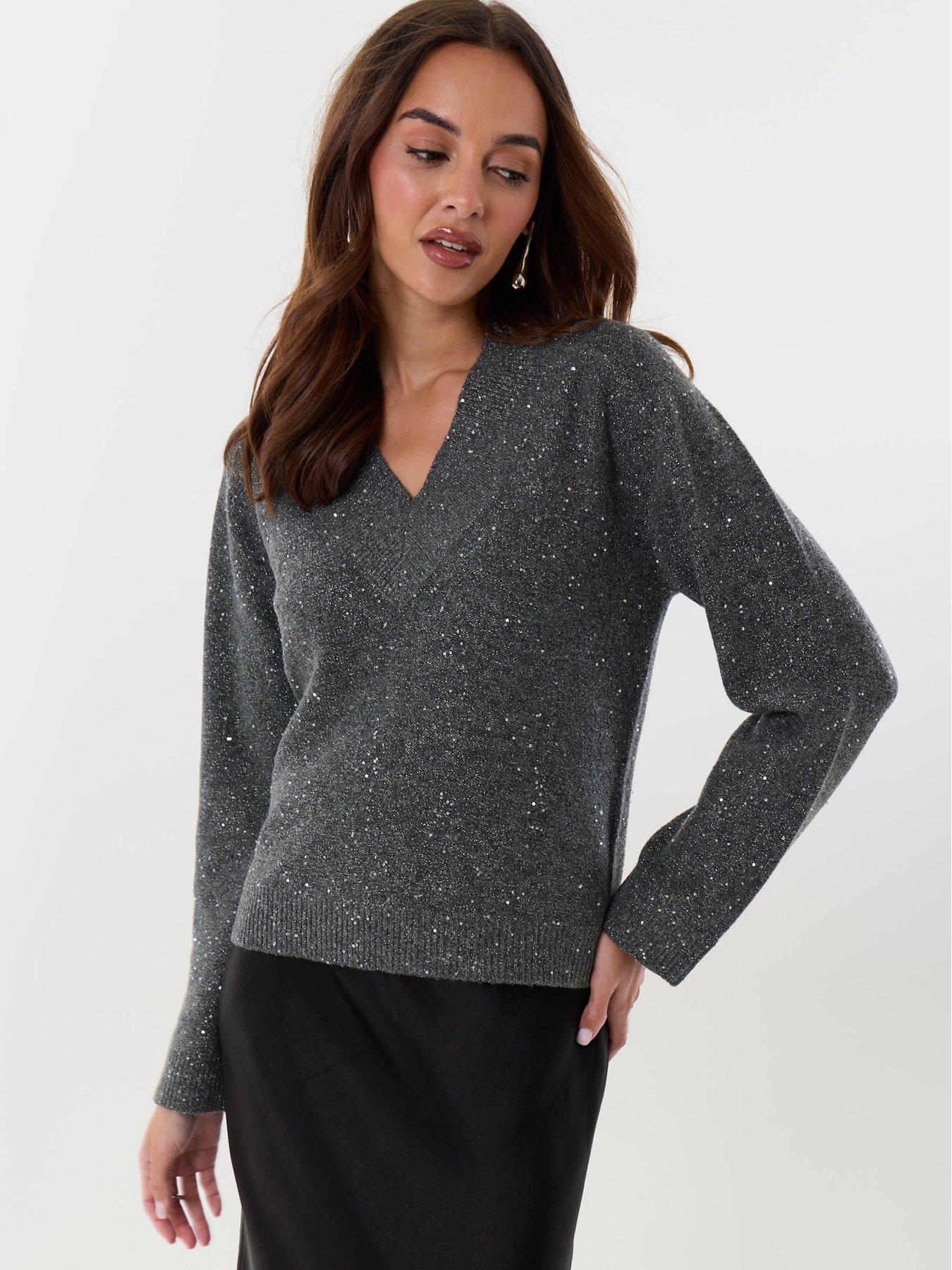 Image 1 of 4 of Threadbare Sequin V-neck Knitted Jumper In Charcoal Grey