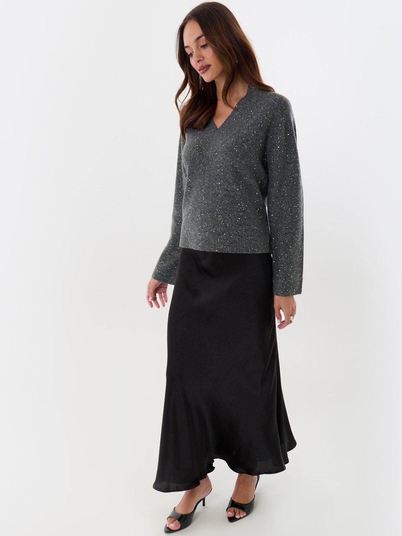Image 3 of 4 of Threadbare Sequin V-neck Knitted Jumper In Charcoal Grey