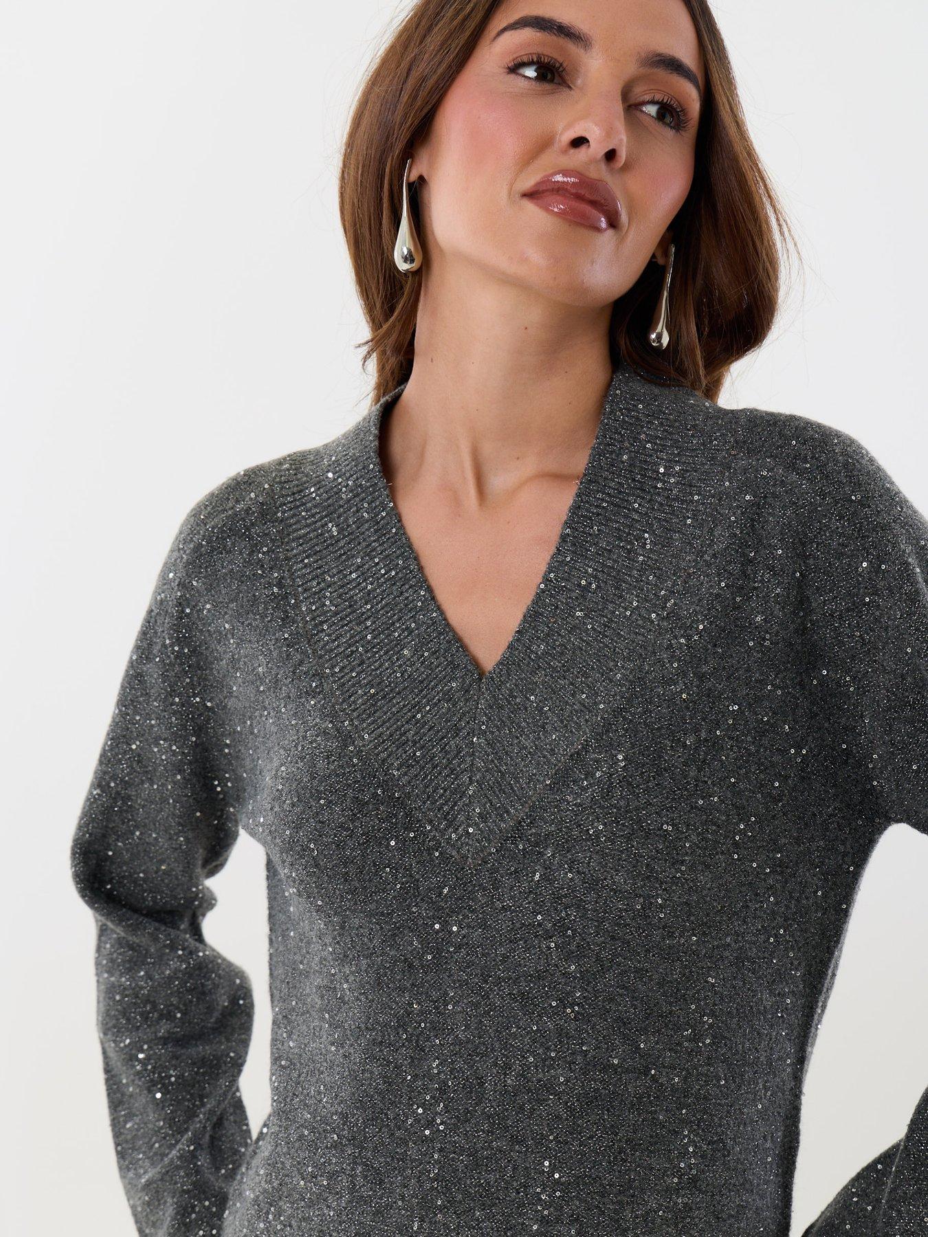 Image 4 of 4 of Threadbare Sequin V-neck Knitted Jumper In Charcoal Grey
