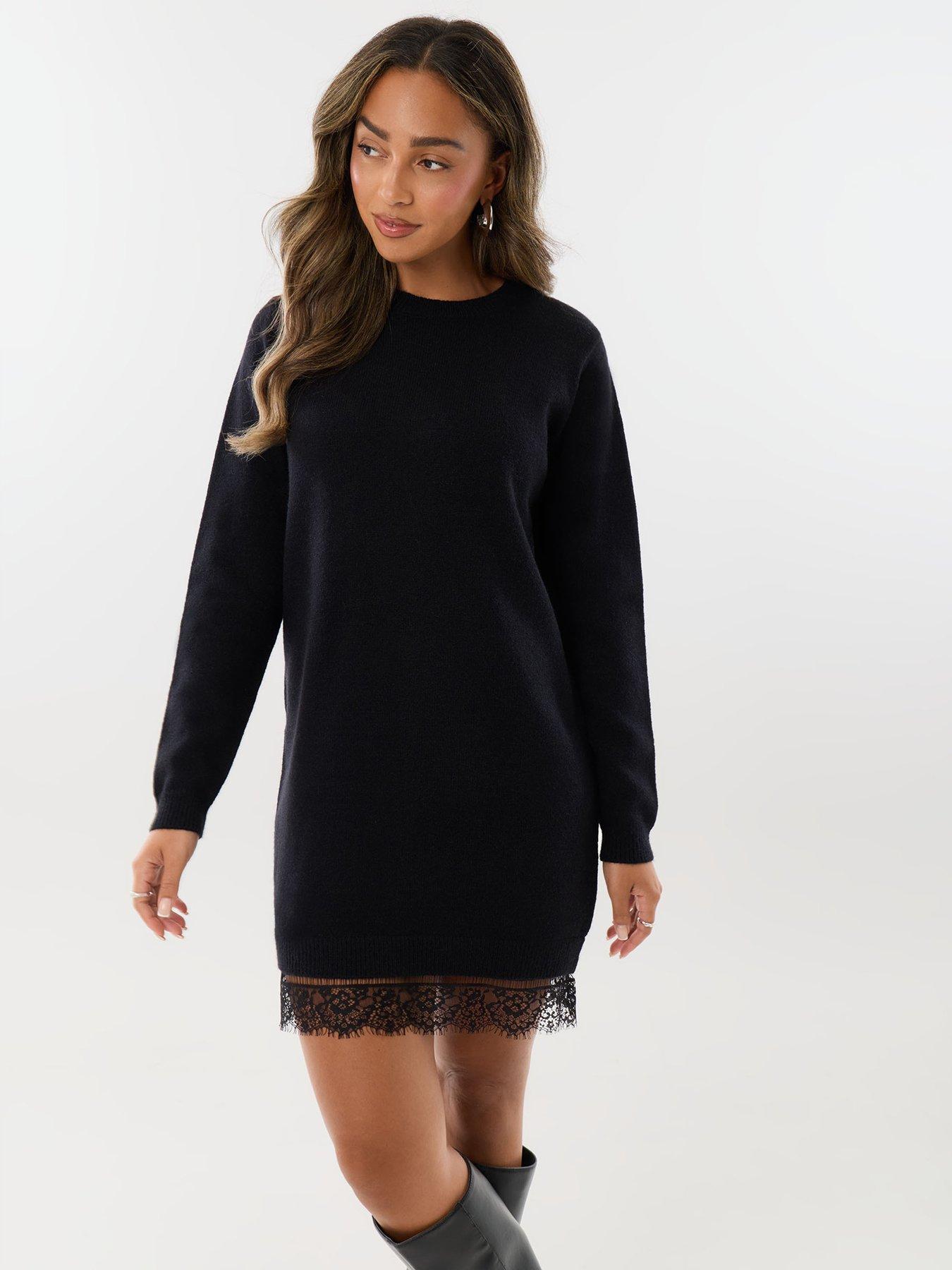 Image 1 of 4 of Threadbare Ladies Stormi Lace Detail Knitted Mini Dress-black
