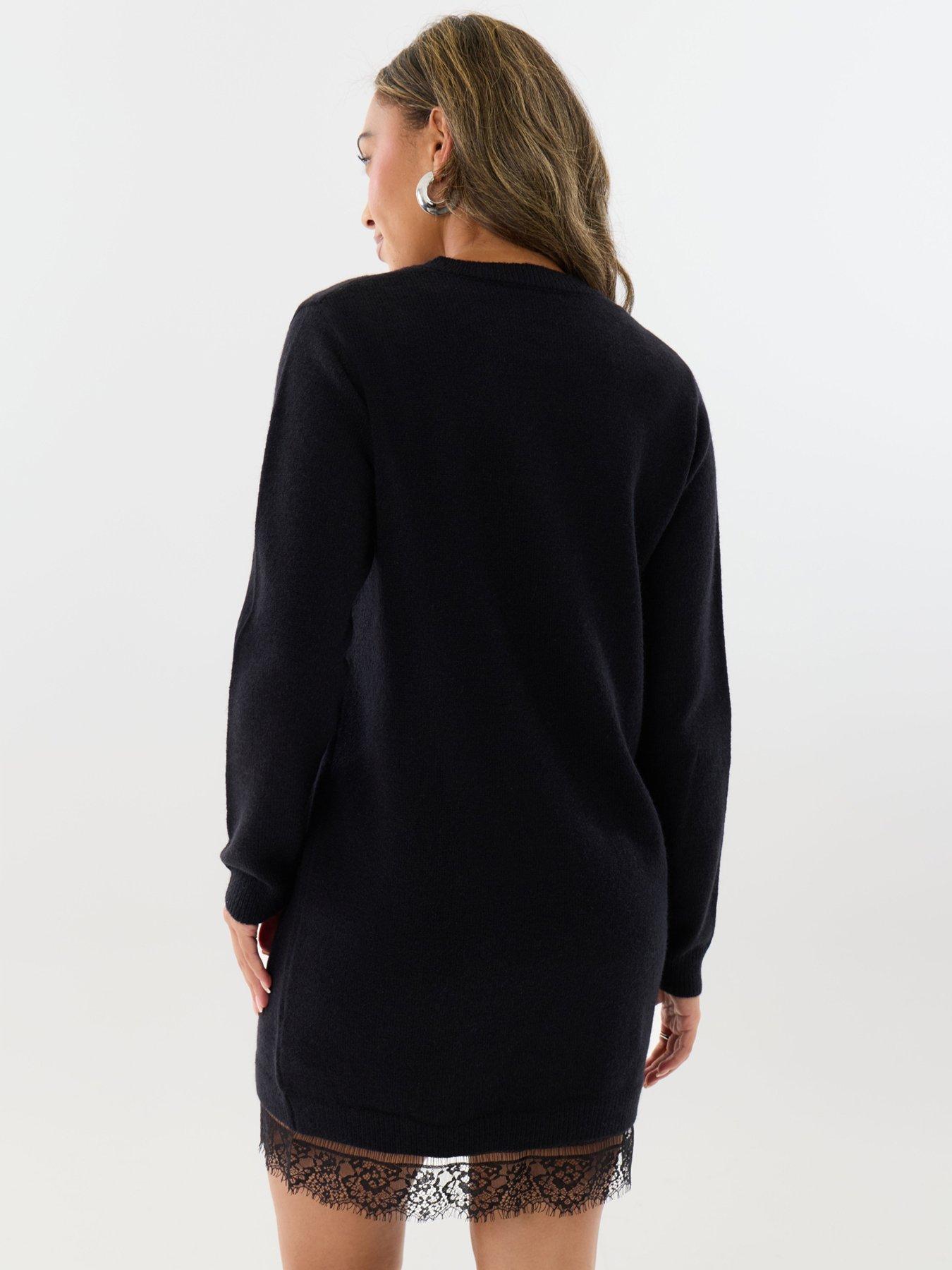 Image 2 of 4 of Threadbare Ladies Stormi Lace Detail Knitted Mini Dress-black