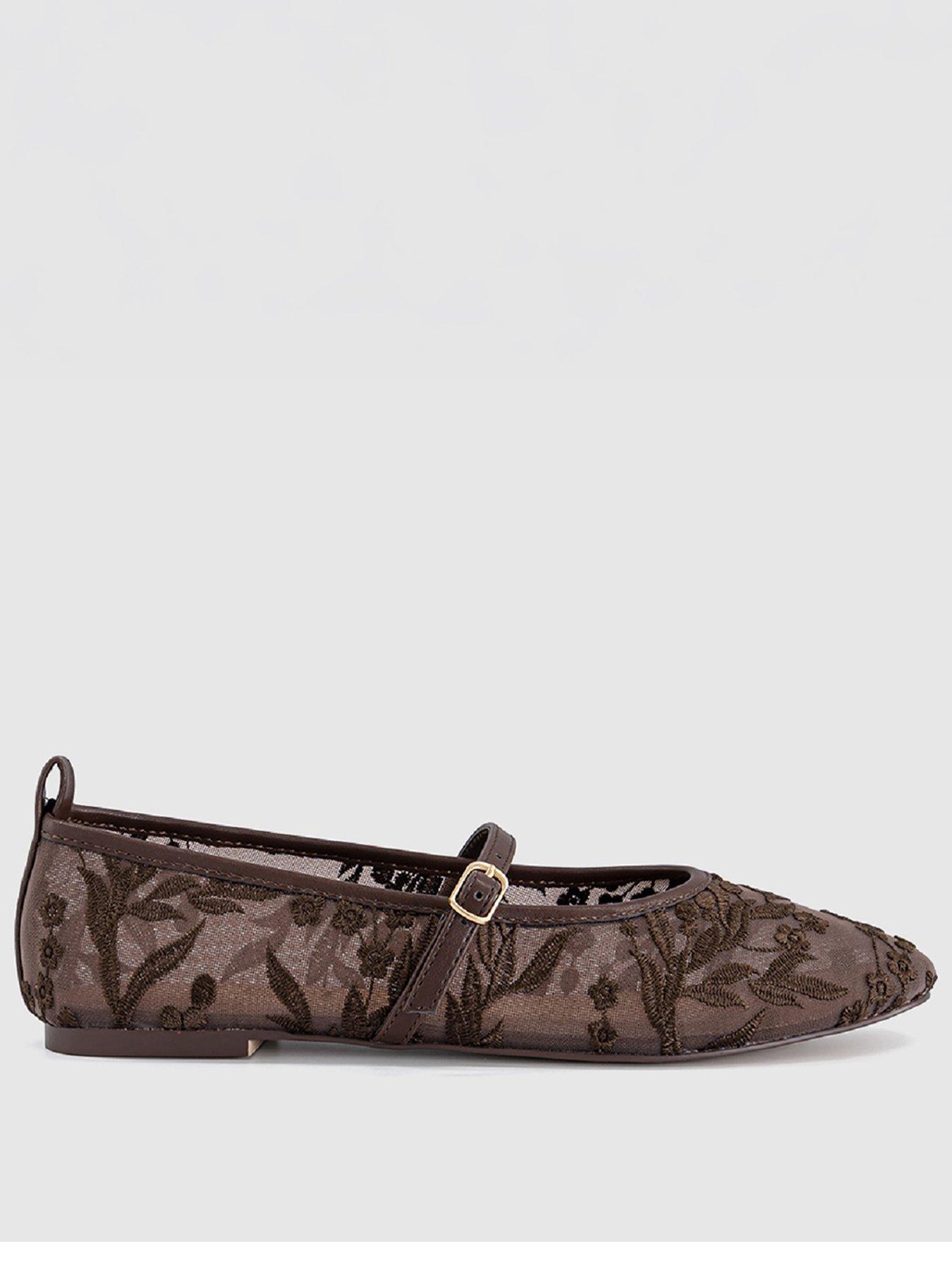 OFFICE Forest Embroidered Mary Janes Ballet Pumps - Brown