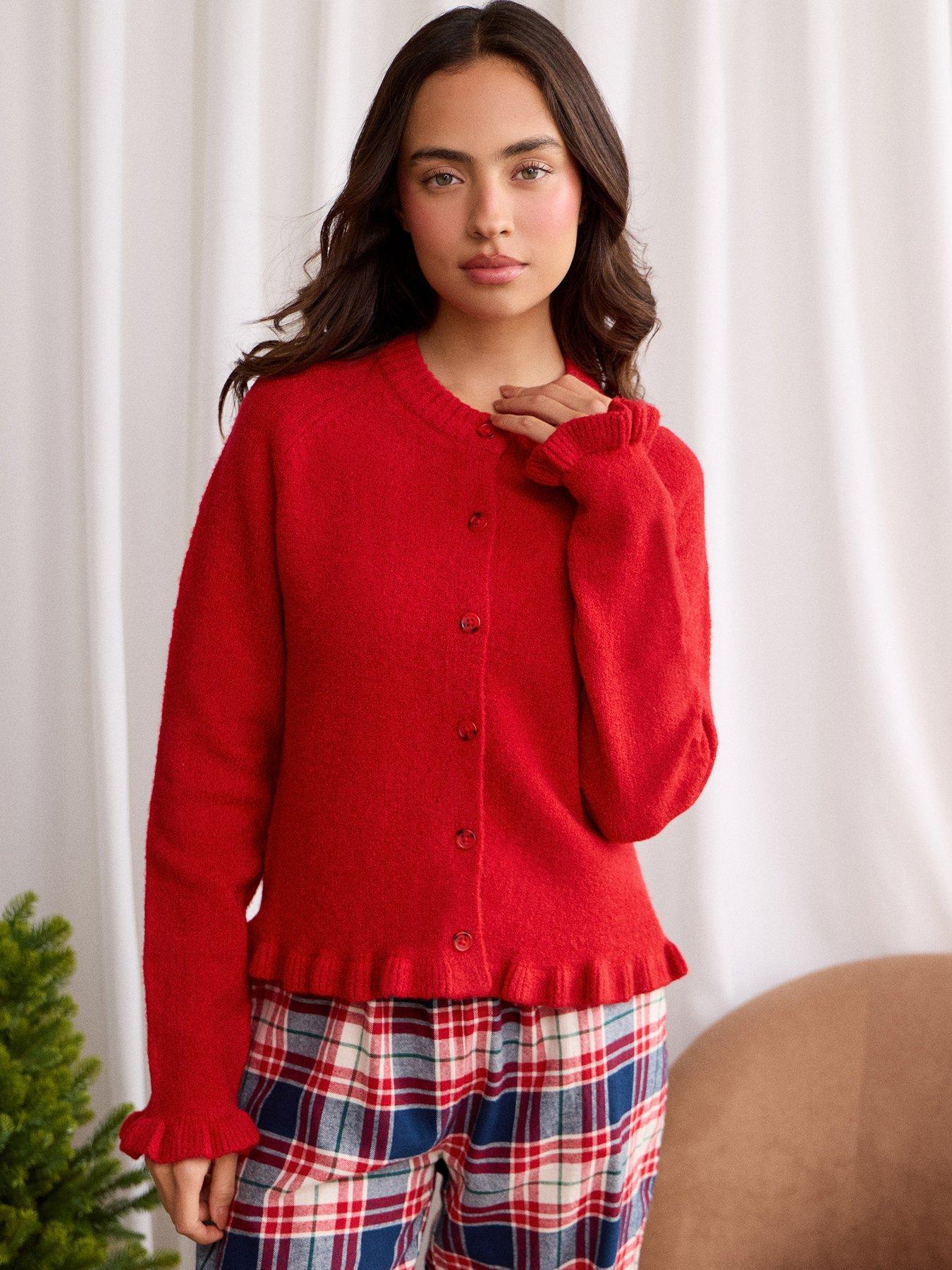 Image 1 of 4 of Threadbare Crew Neck Ruffle Cardigan In Red