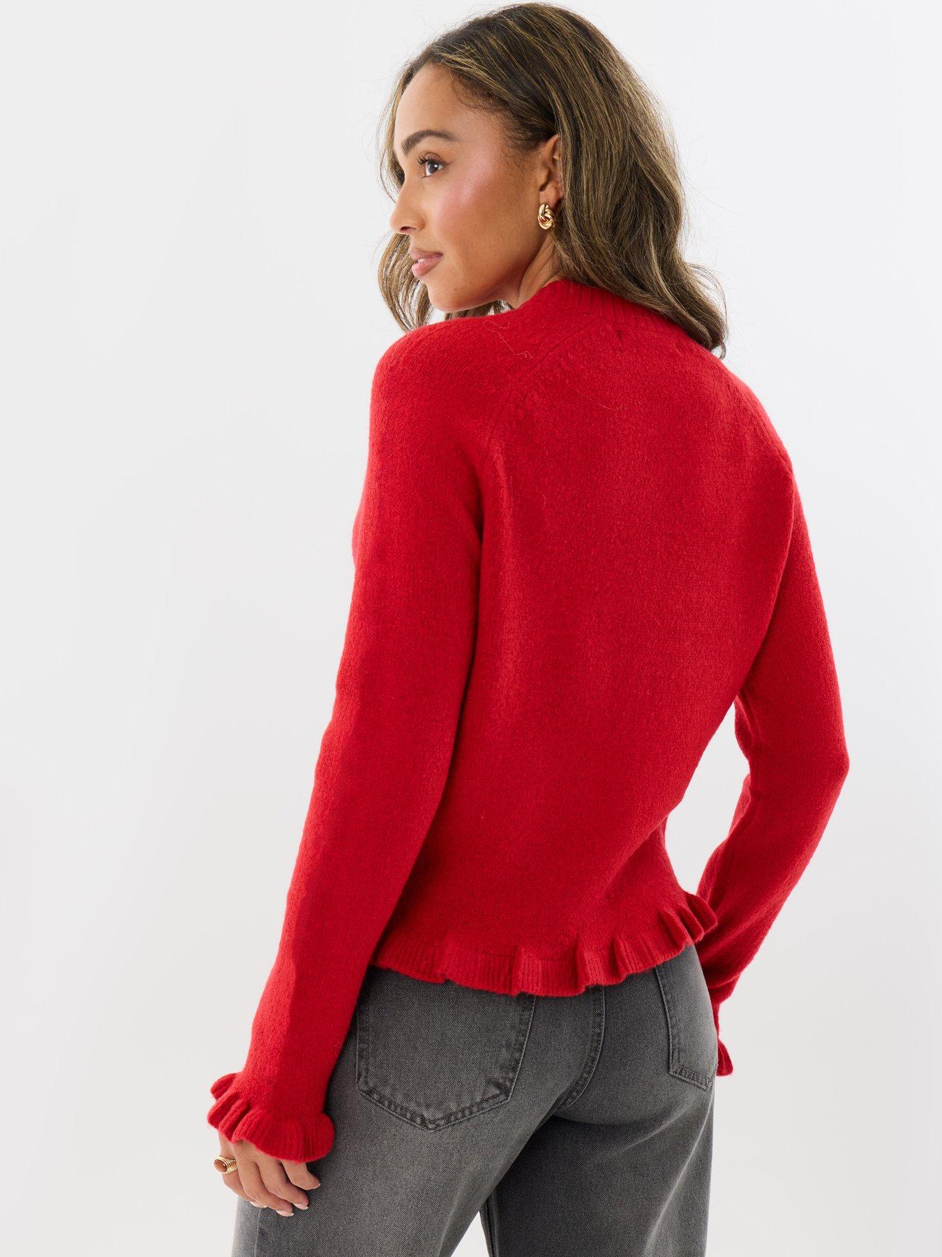 Image 2 of 4 of Threadbare Crew Neck Ruffle Cardigan In Red
