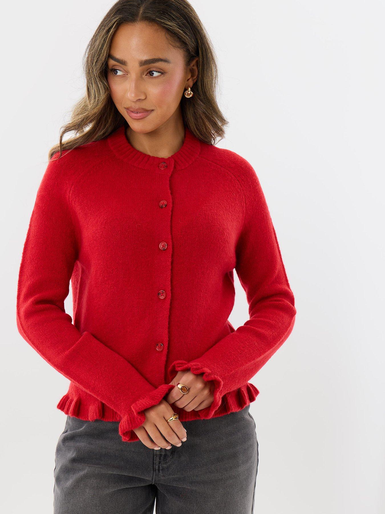 Image 3 of 4 of Threadbare Crew Neck Ruffle Cardigan In Red