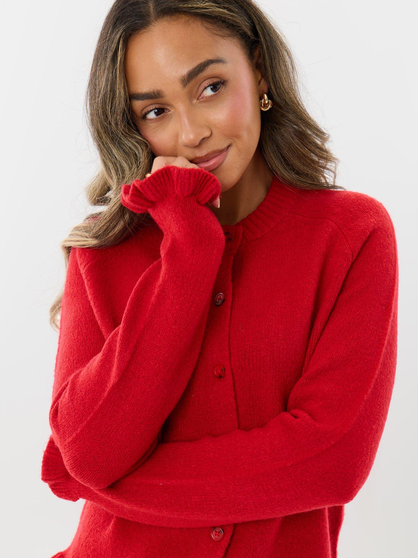 Image 4 of 4 of Threadbare Crew Neck Ruffle Cardigan In Red