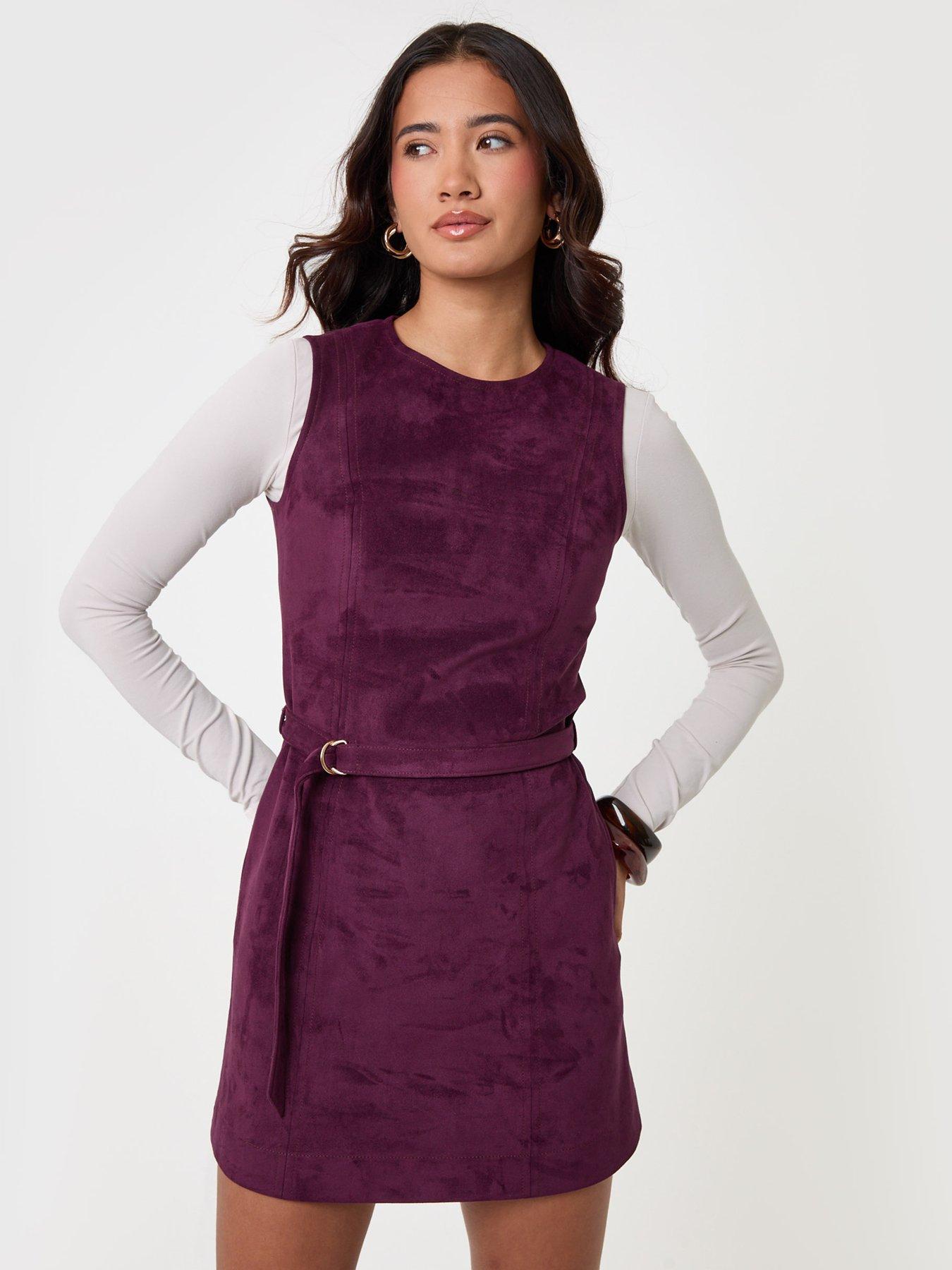 Image 1 of 4 of Threadbare Womens Belted Faux Suede Mini Dress - Plum