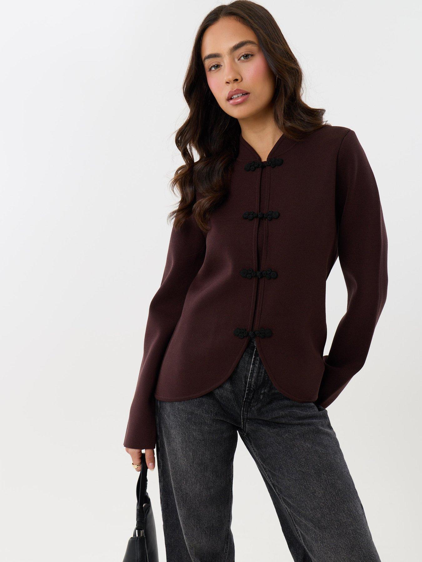 Image 1 of 5 of Threadbare Womens Mandarin Style Curved Hem Cardigan - Brown