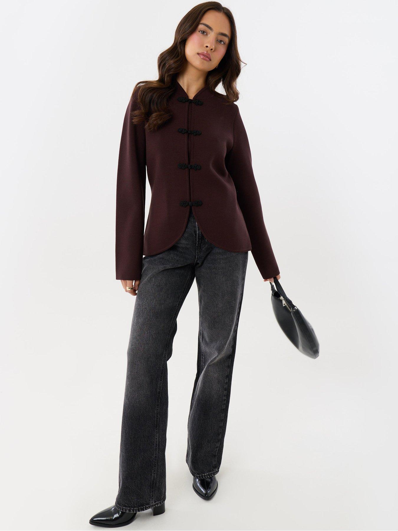Image 3 of 5 of Threadbare Womens Mandarin Style Curved Hem Cardigan - Brown