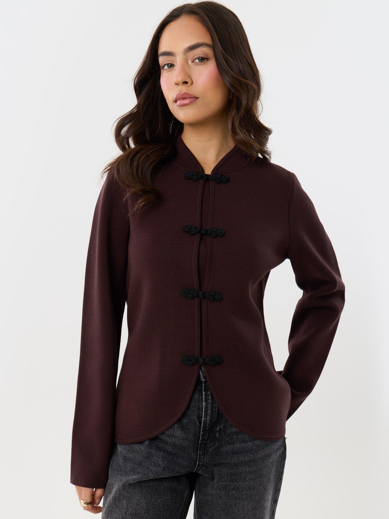 Image 5 of 5 of Threadbare Womens Mandarin Style Curved Hem Cardigan - Brown