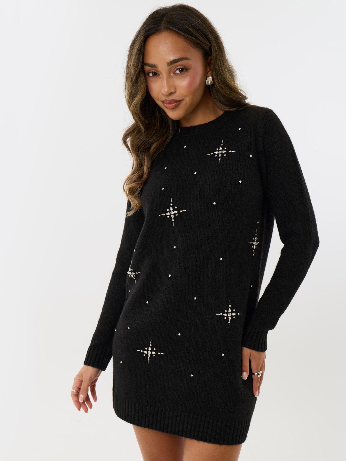 Image 3 of 4 of Threadbare Womens Starland Star Embellished Soft-Touch Mini Dress - Black