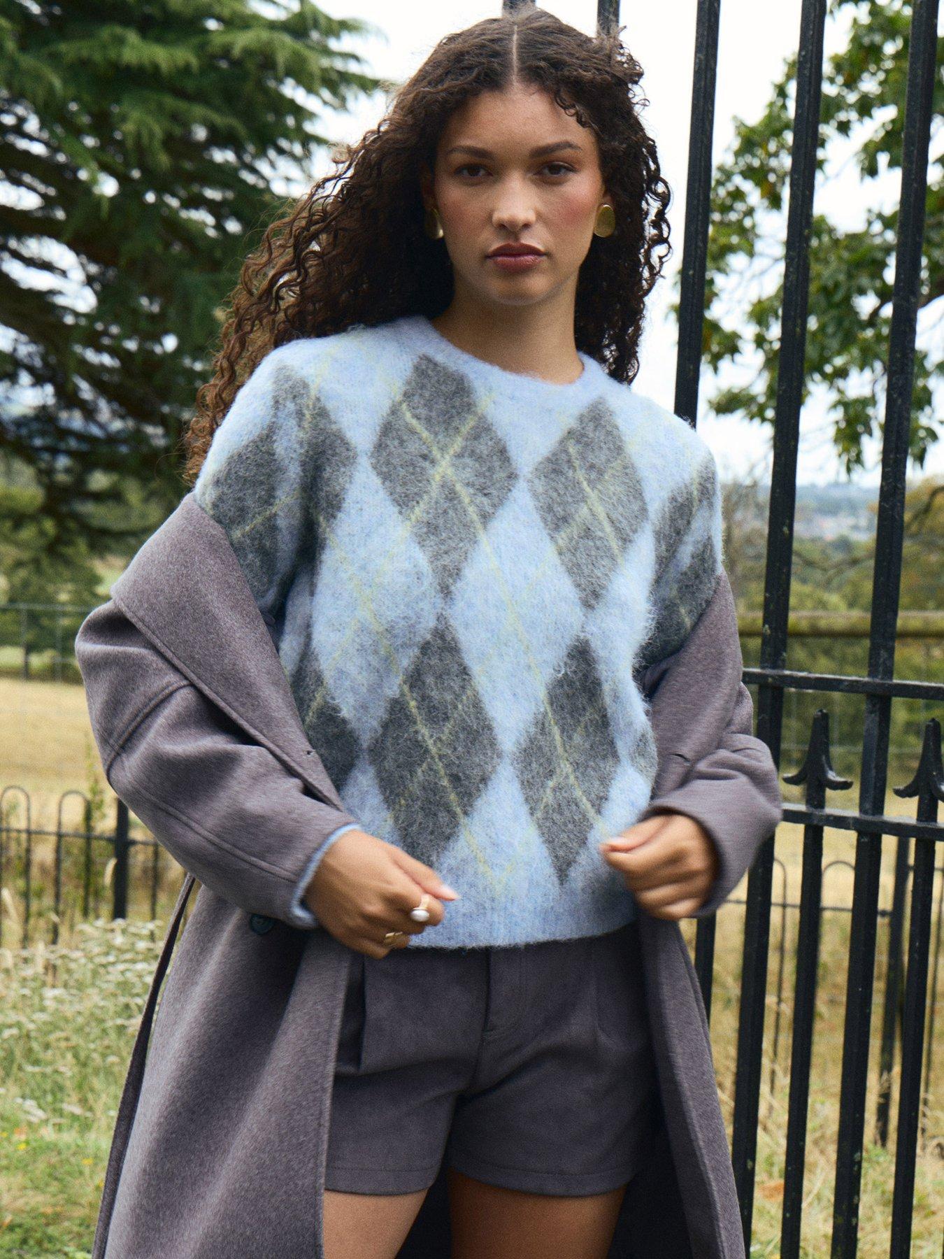 Image 1 of 4 of Threadbare Womens Argyle Sweatshirt Neck Jumper - Blue