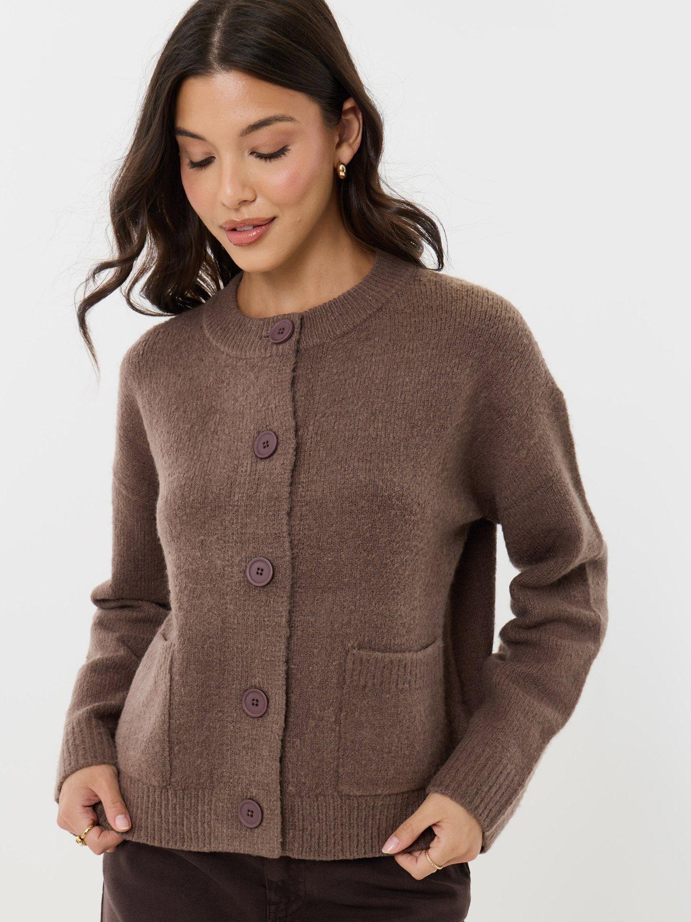 Image 1 of 4 of Threadbare Pocket Detail Crew Neck Cardigan In Beige