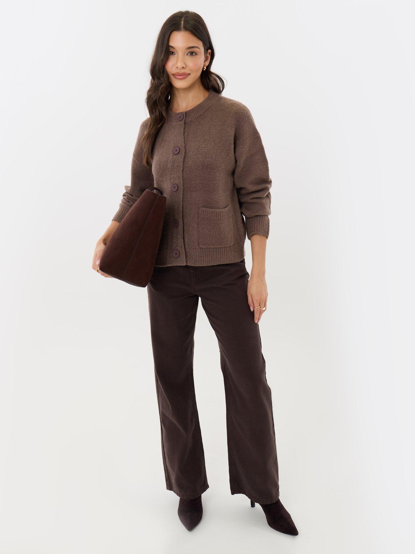 Image 3 of 4 of Threadbare Pocket Detail Crew Neck Cardigan In Beige