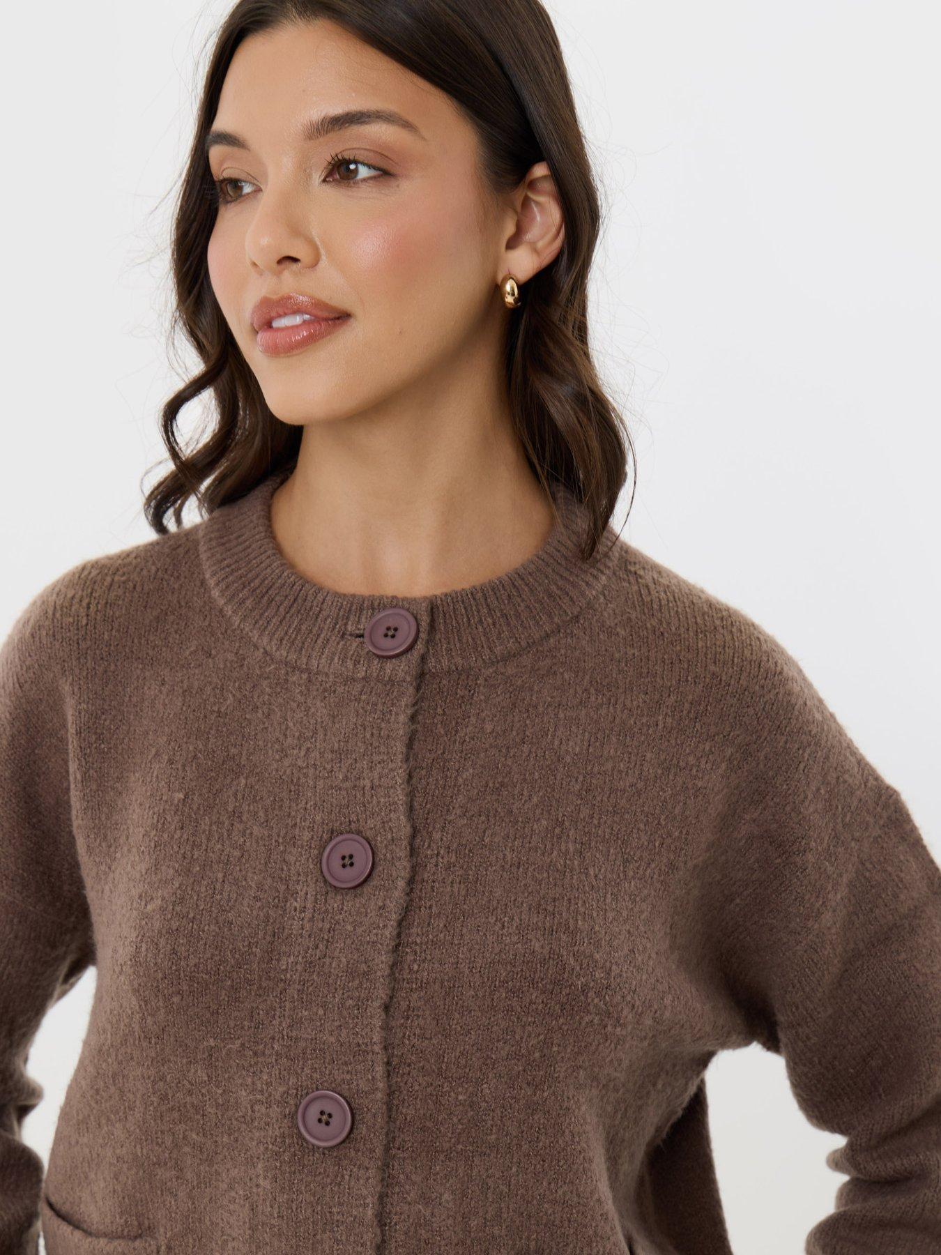 Image 4 of 4 of Threadbare Pocket Detail Crew Neck Cardigan In Beige