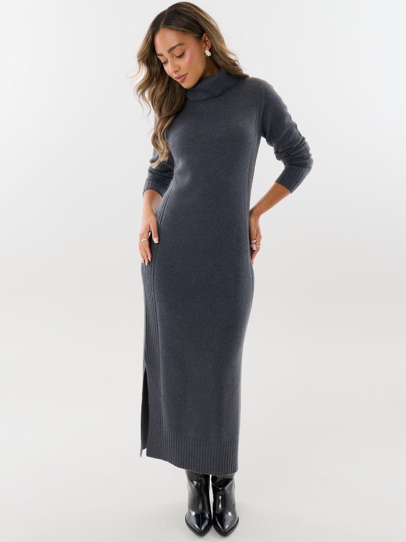 Image 1 of 4 of Threadbare Womens Turtle Neck Maxi Ribbed Side Panel Jumper Dress - Grey