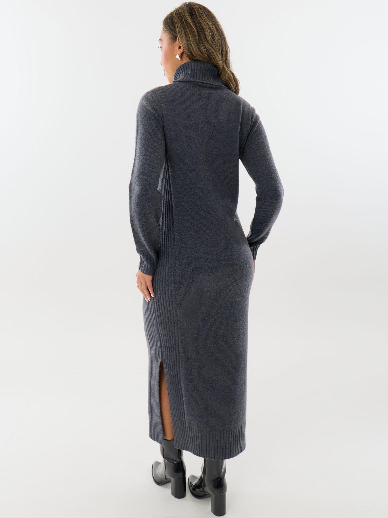 Image 2 of 4 of Threadbare Womens Turtle Neck Maxi Ribbed Side Panel Jumper Dress - Grey