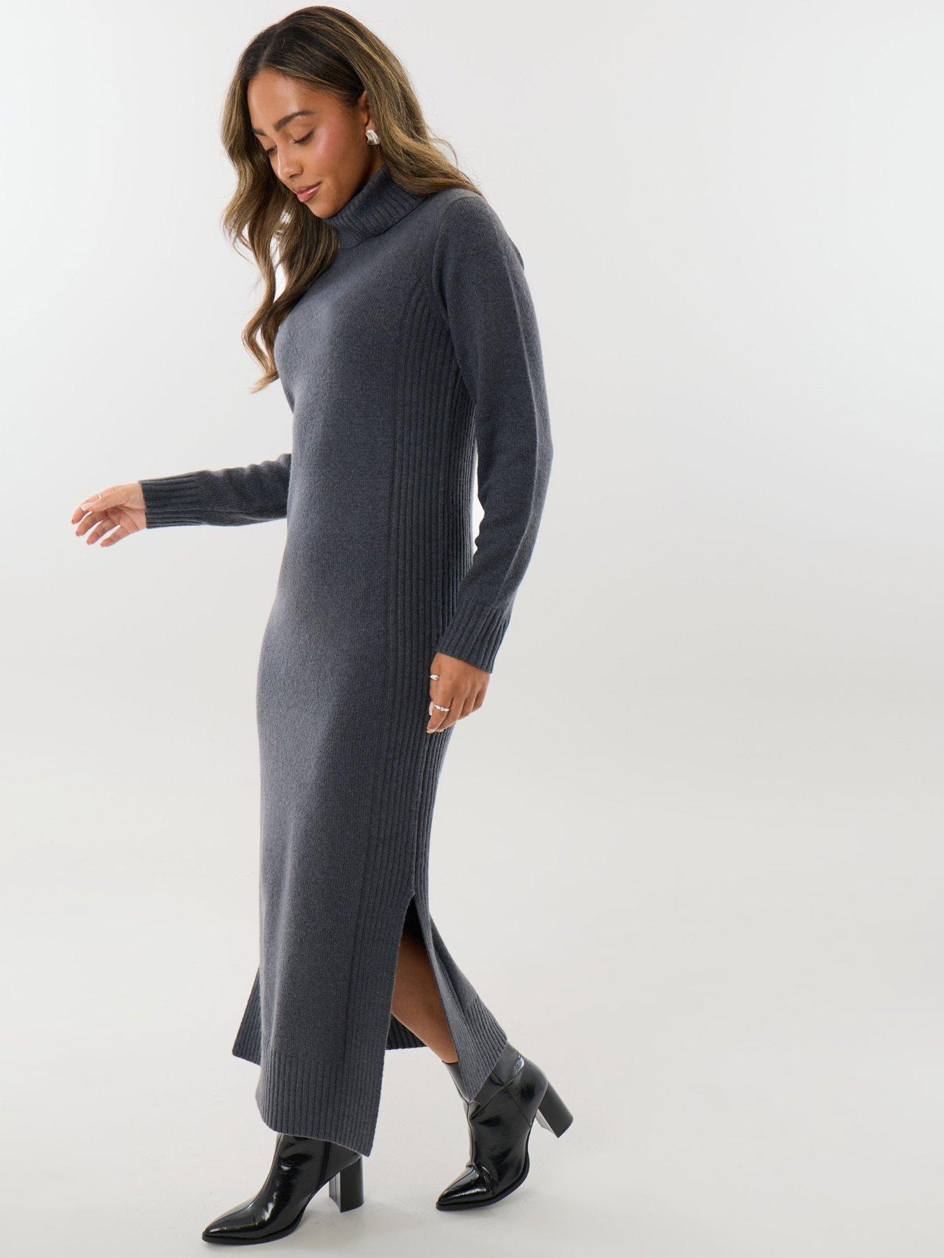 Image 3 of 4 of Threadbare Womens Turtle Neck Maxi Ribbed Side Panel Jumper Dress - Grey