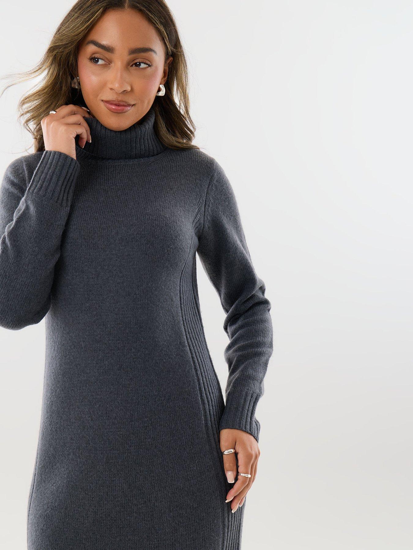 Image 4 of 4 of Threadbare Womens Turtle Neck Maxi Ribbed Side Panel Jumper Dress - Grey
