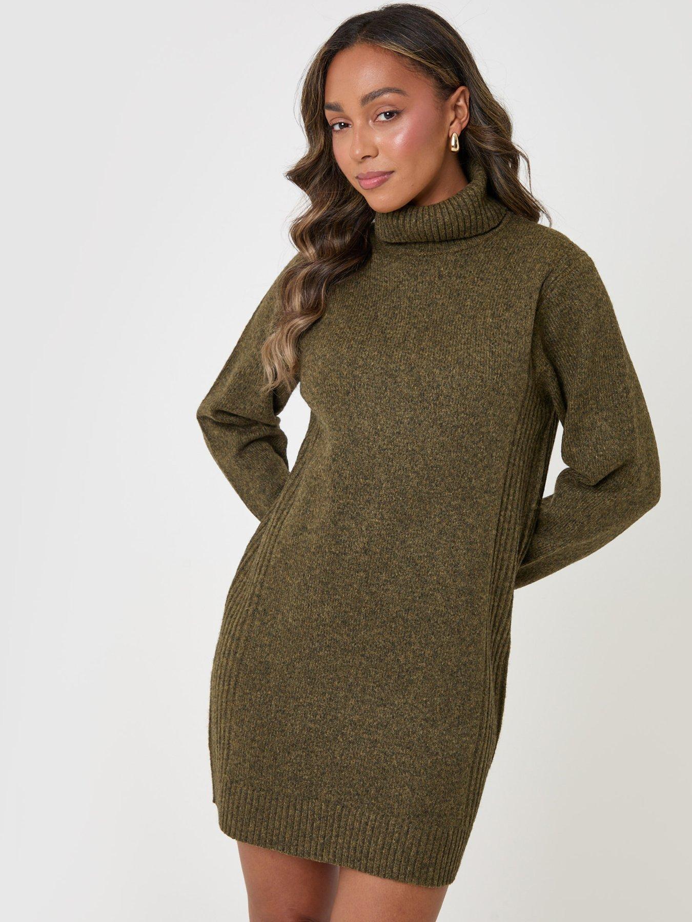 Image 1 of 4 of Threadbare Turtle Neck Mini Jumper Dress In Olive Green