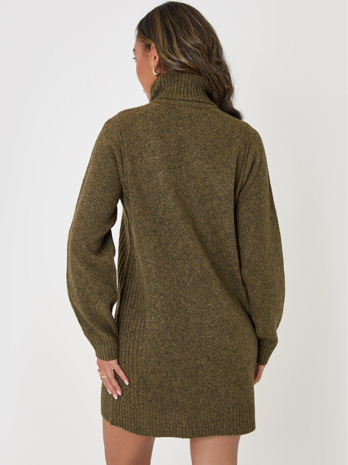 Image 2 of 4 of Threadbare Turtle Neck Mini Jumper Dress In Olive Green