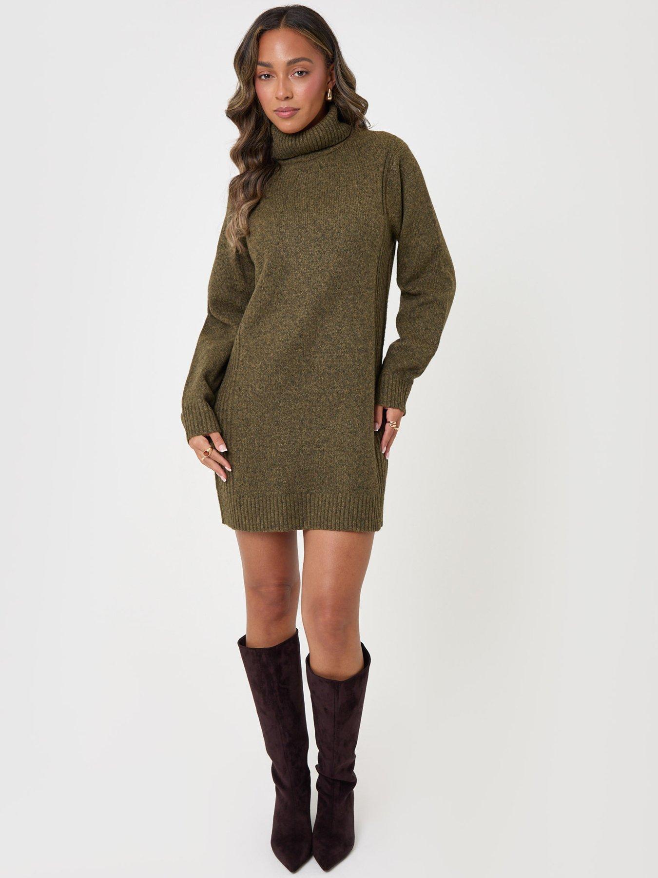 Image 3 of 4 of Threadbare Turtle Neck Mini Jumper Dress In Olive Green