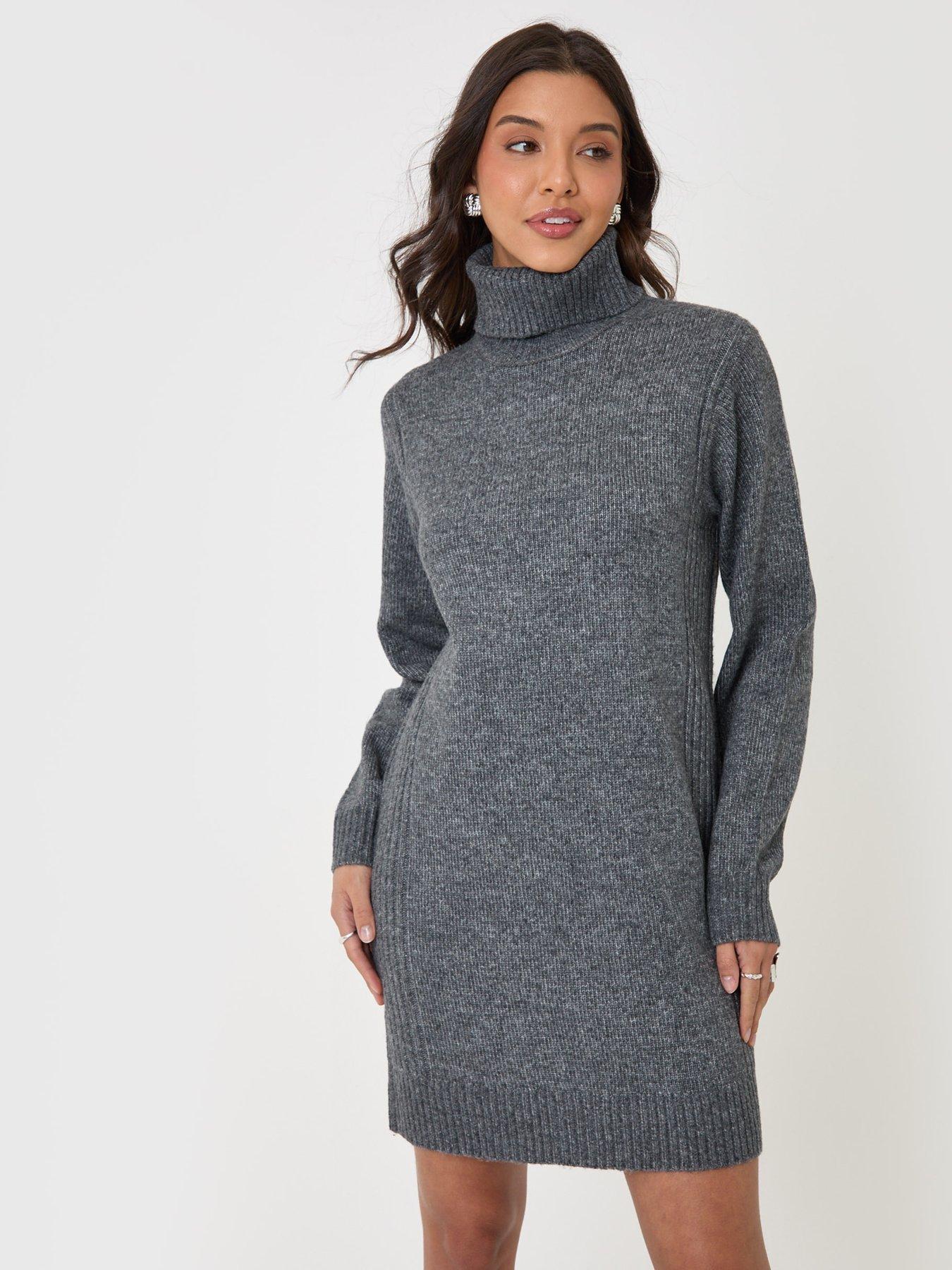 Image 1 of 4 of Threadbare Turtle Neck Mini Jumper Dress In Charcoal Grey