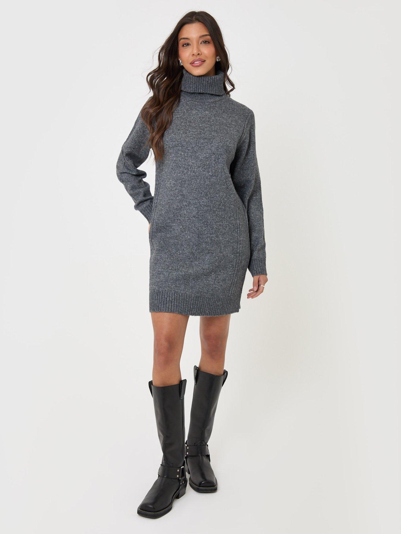Image 3 of 4 of Threadbare Turtle Neck Mini Jumper Dress In Charcoal Grey