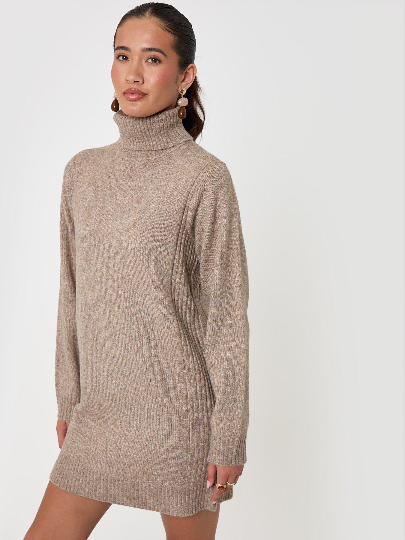 Image 1 of 4 of Threadbare Turtle Neck Mini Jumper Dress In Beige