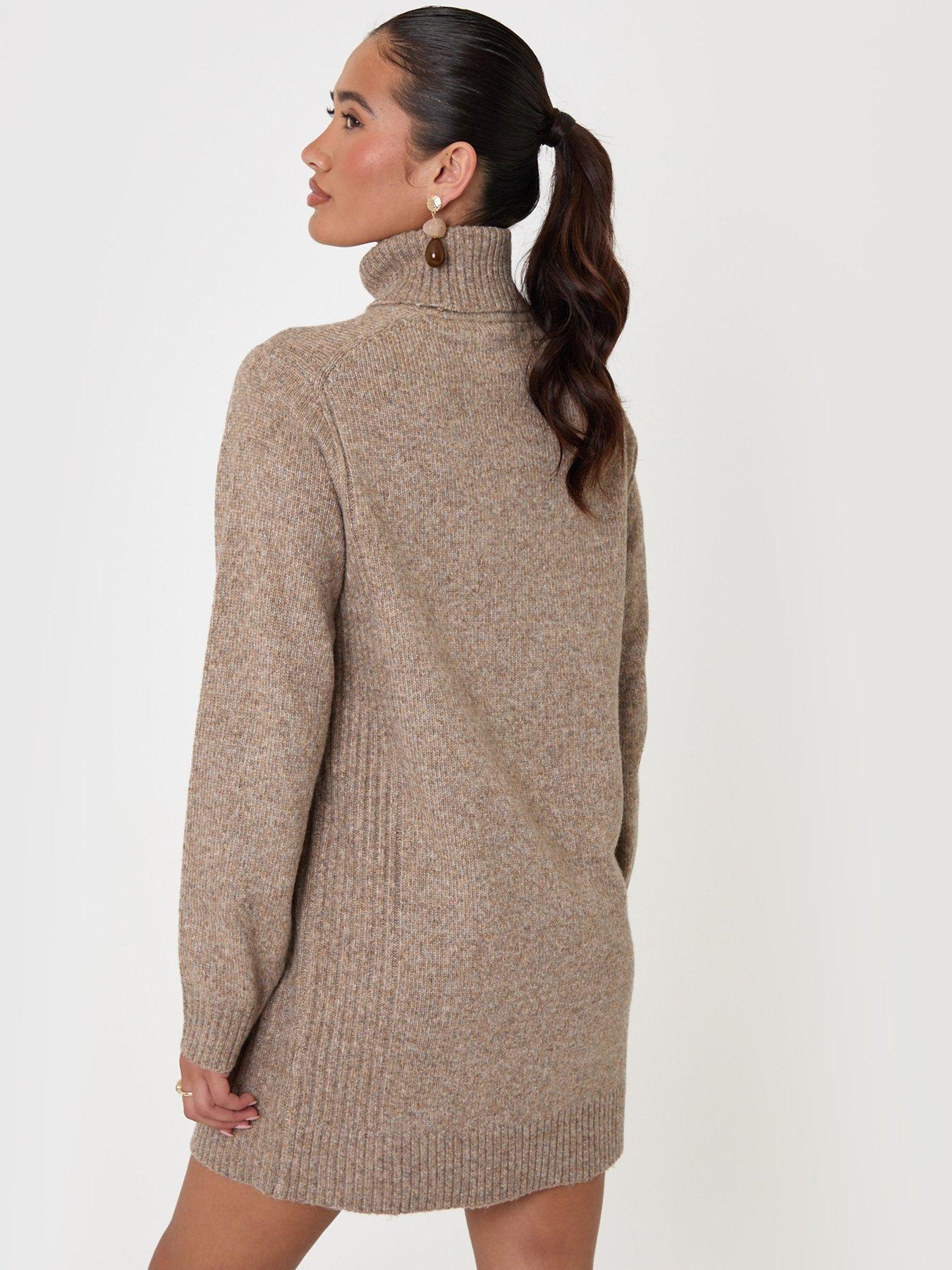 Image 2 of 4 of Threadbare Turtle Neck Mini Jumper Dress In Beige