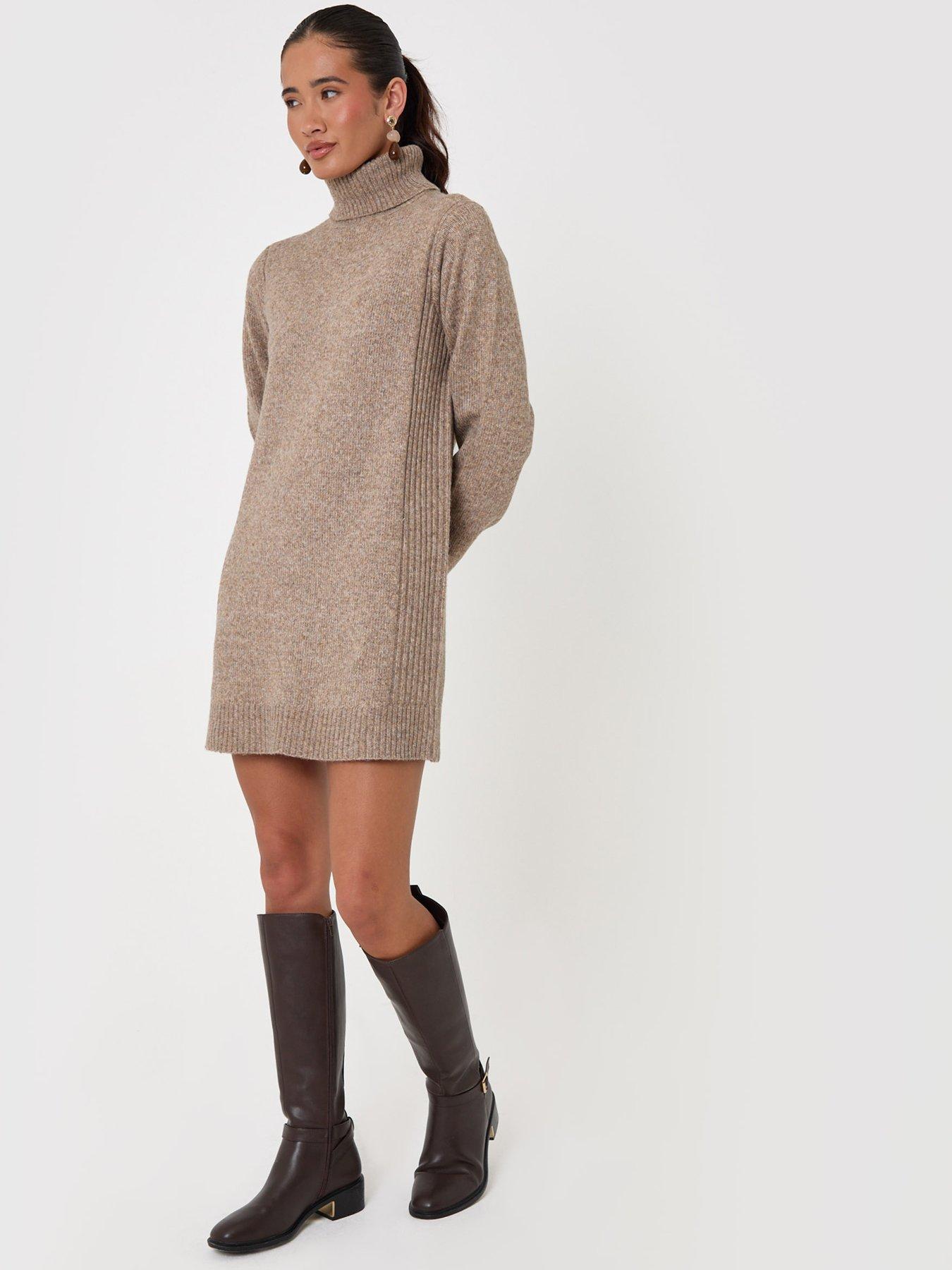 Image 3 of 4 of Threadbare Turtle Neck Mini Jumper Dress In Beige