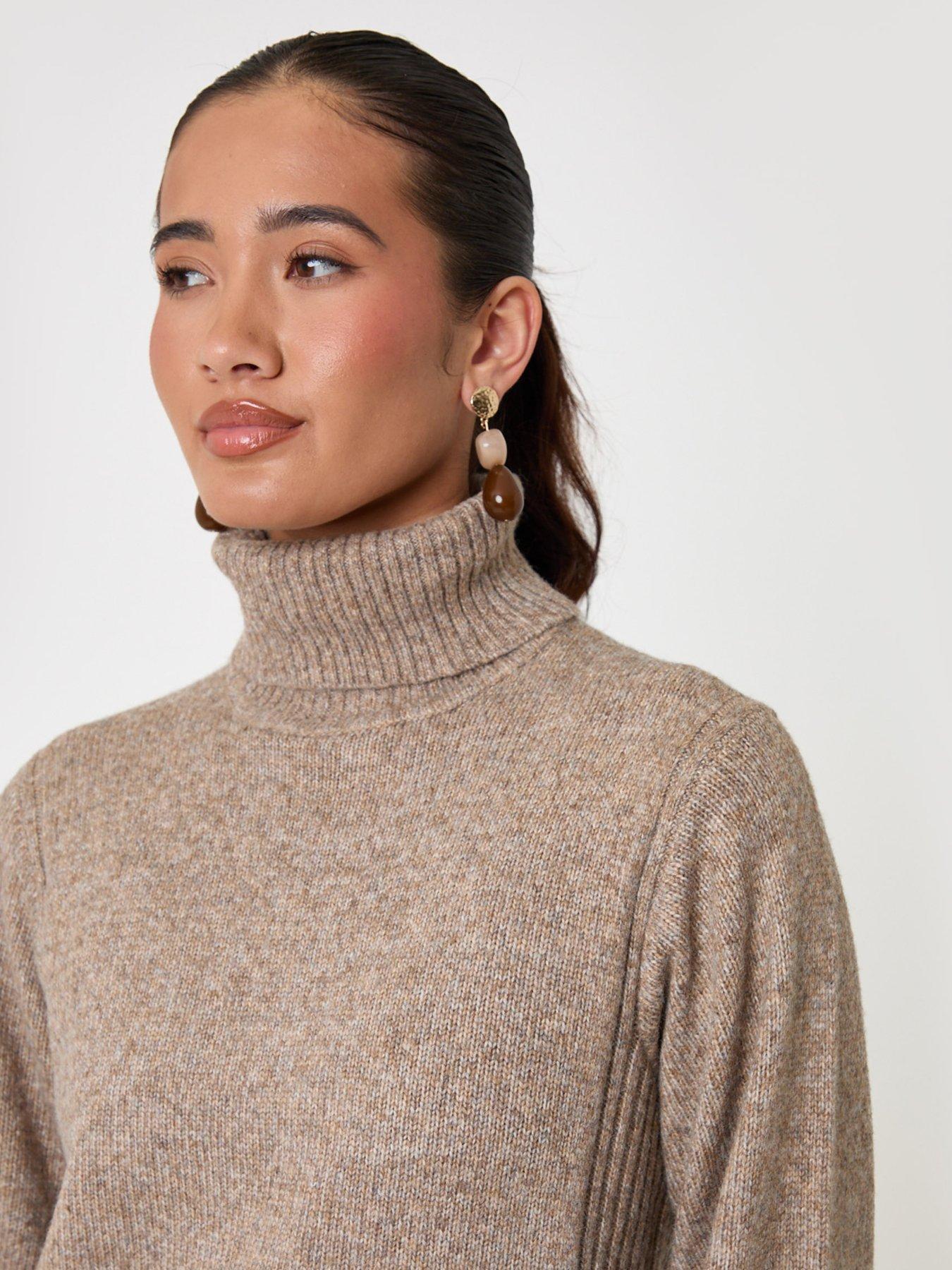 Image 4 of 4 of Threadbare Turtle Neck Mini Jumper Dress In Beige