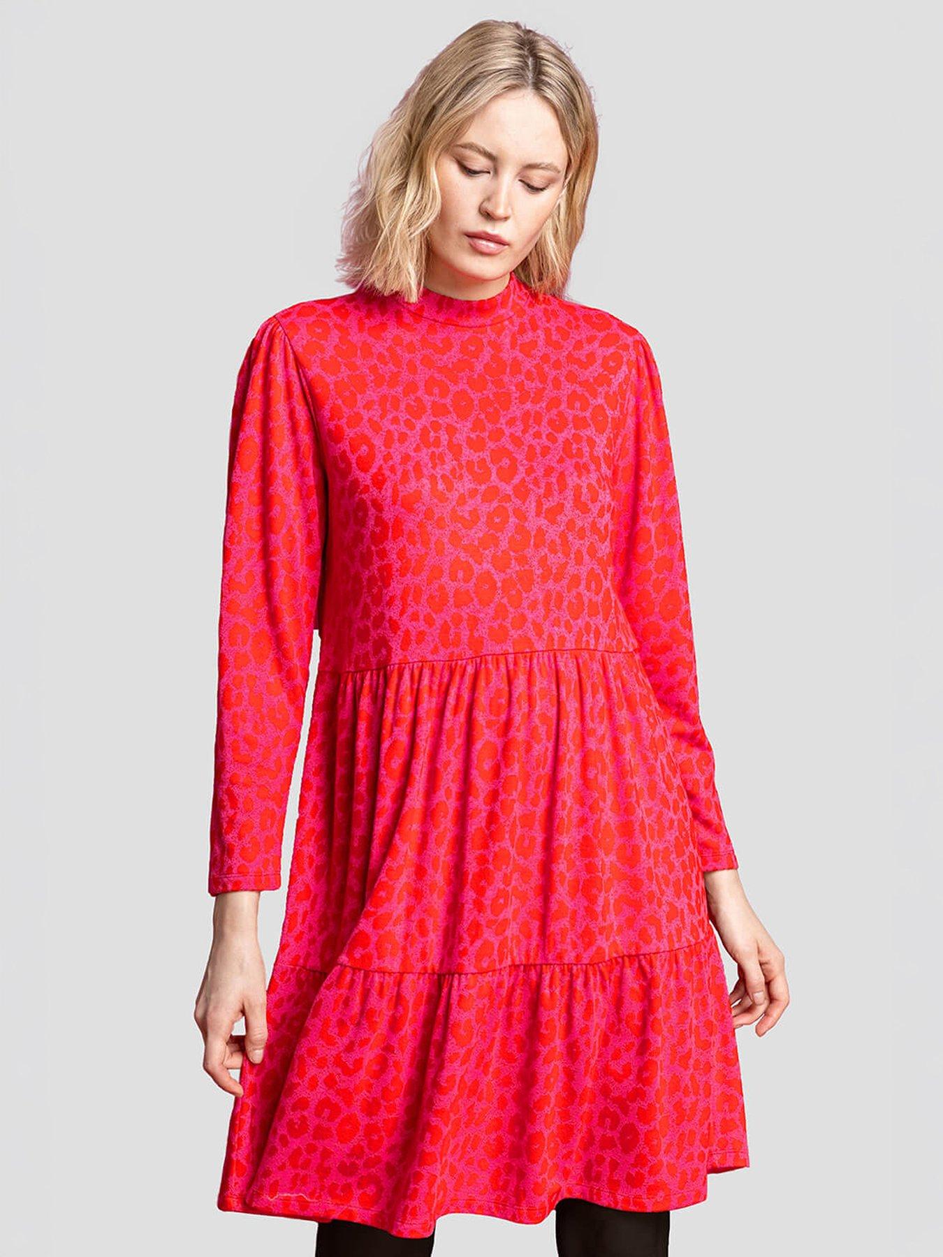 Roman Jacquard Leopard Print Tiered Dress - Red