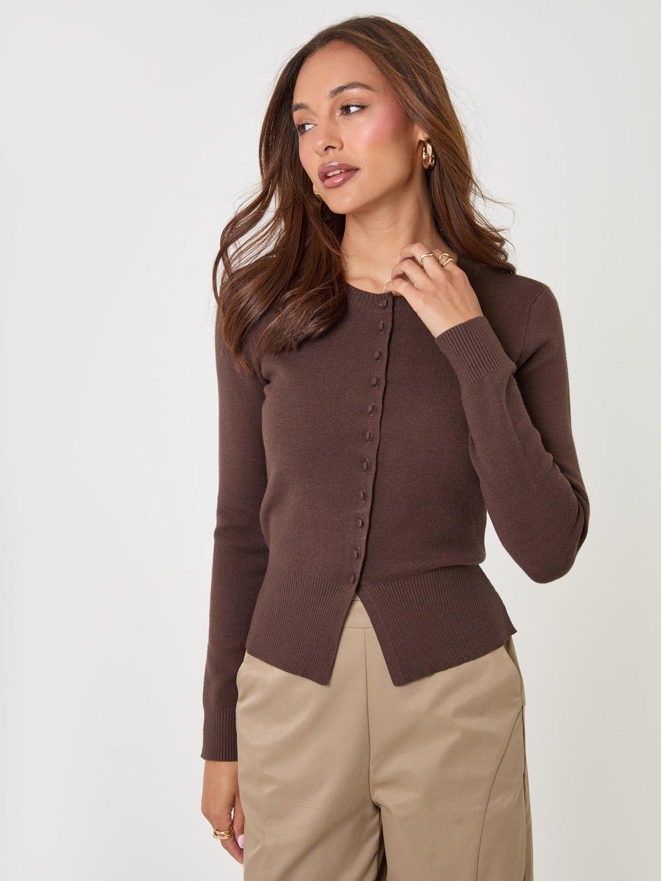Image 1 of 4 of Threadbare Womens Crew Neck Compact Knit Cardigan - Chocolate