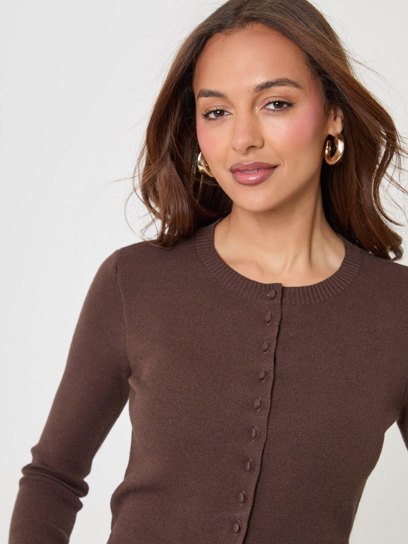 Image 4 of 4 of Threadbare Womens Crew Neck Compact Knit Cardigan - Chocolate