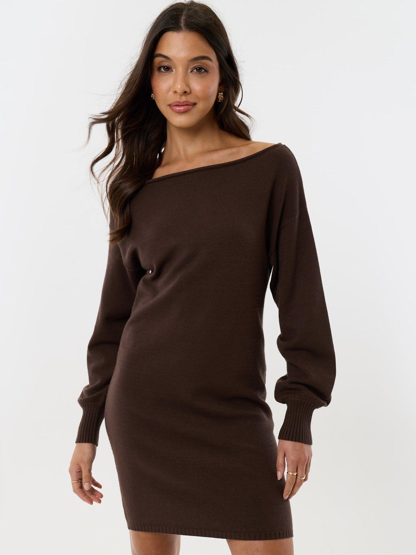 Image 2 of 4 of Threadbare Slash Neck Mini Jumper Dress In Chocolate Brown