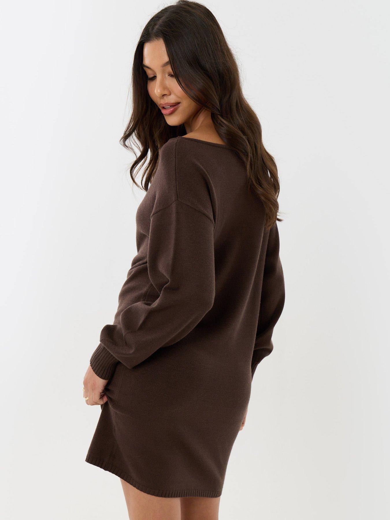 Image 3 of 4 of Threadbare Slash Neck Mini Jumper Dress In Chocolate Brown