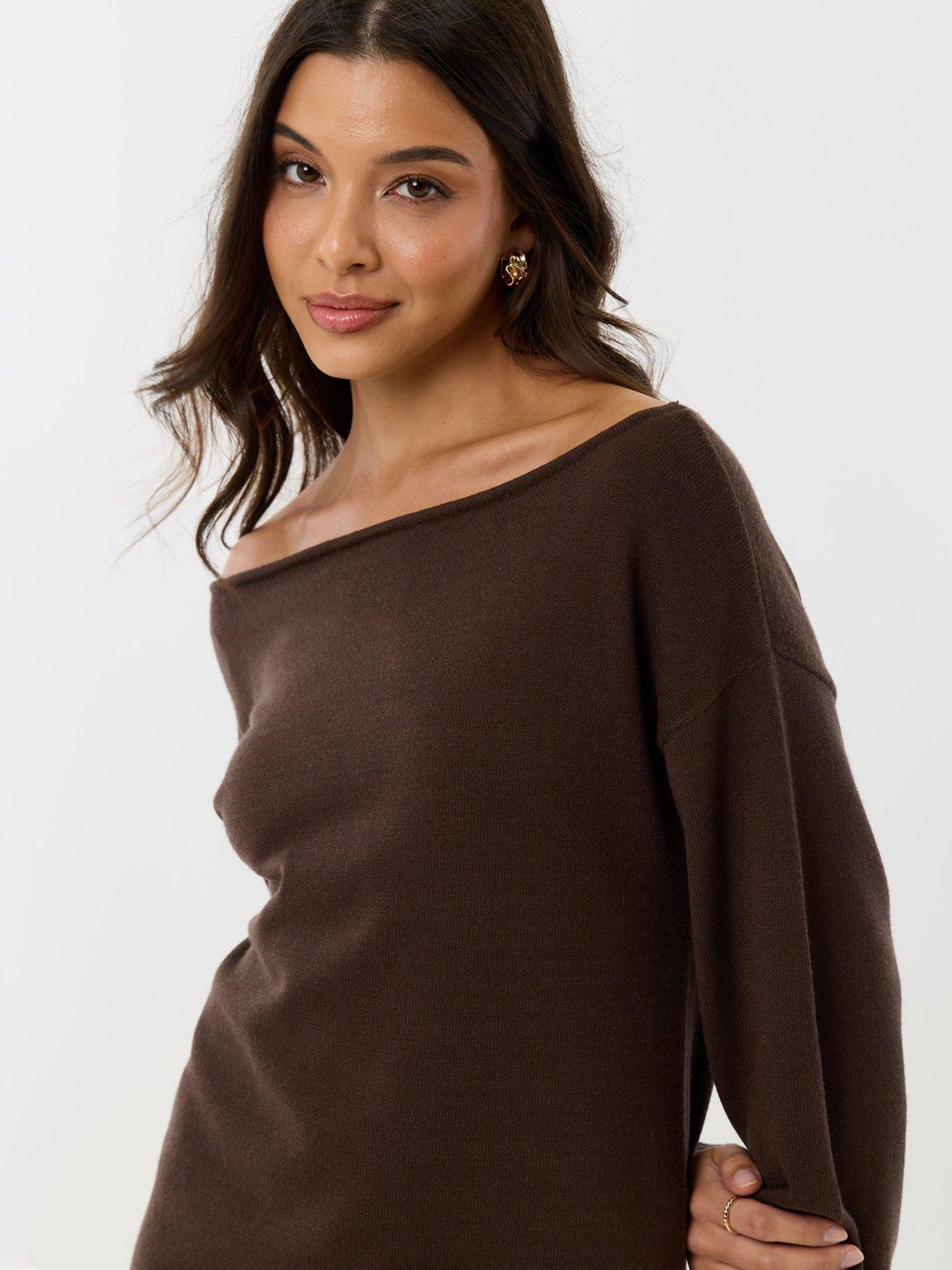 Image 4 of 4 of Threadbare Slash Neck Mini Jumper Dress In Chocolate Brown