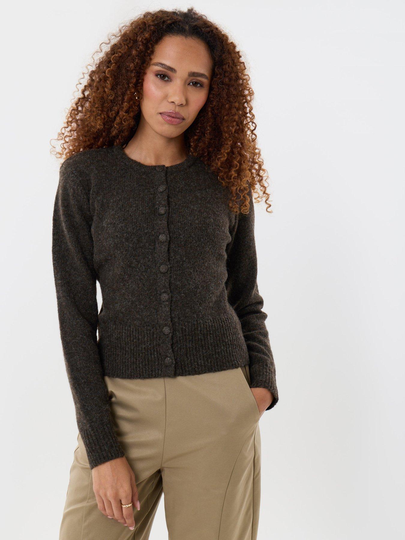 Image 1 of 4 of Threadbare Knitted Cardigan With Shoulder Pads In Chocolate Brown