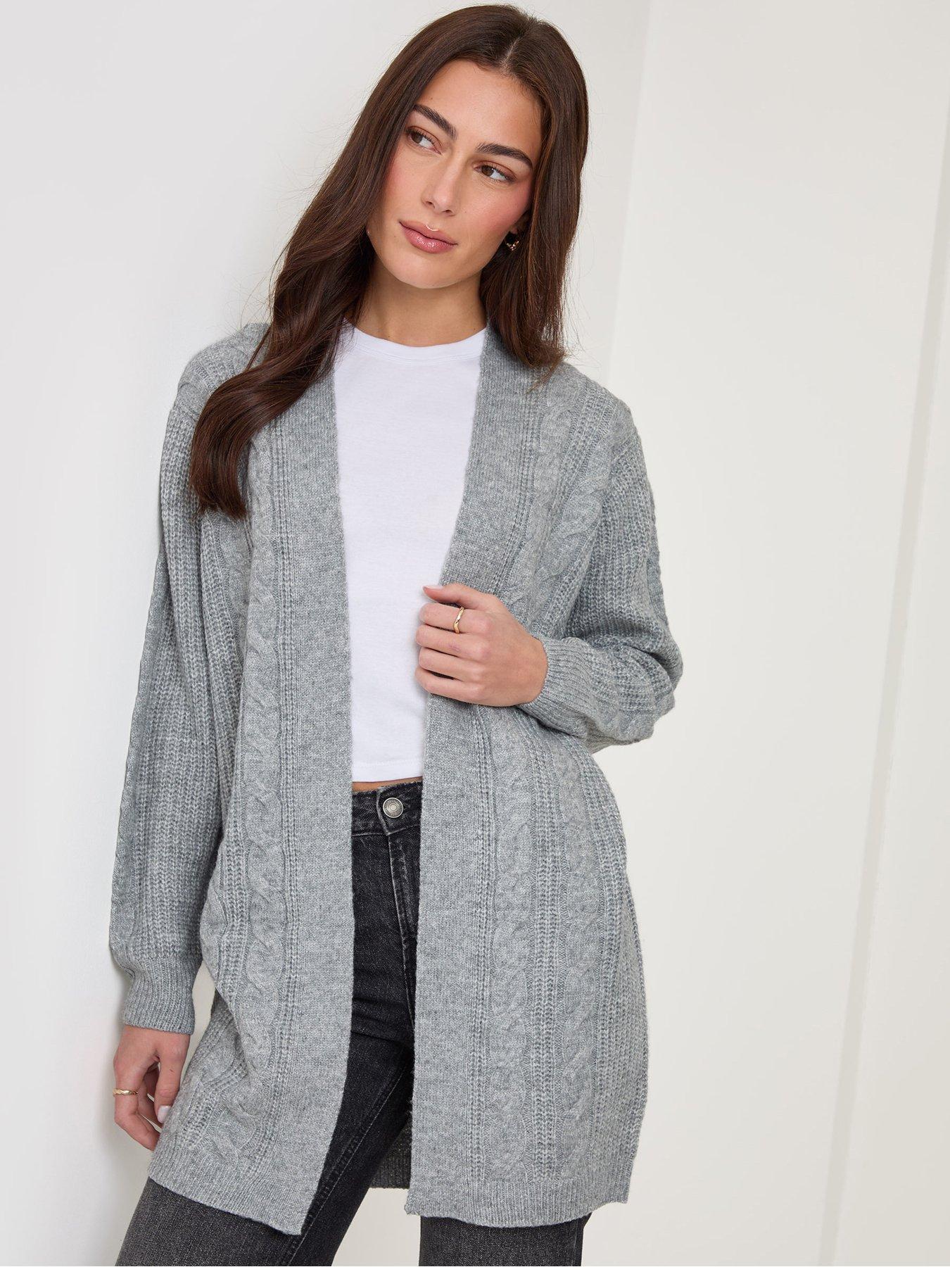 Image 1 of 4 of Threadbare Petite Cable Knit Open Cardigan In Grey
