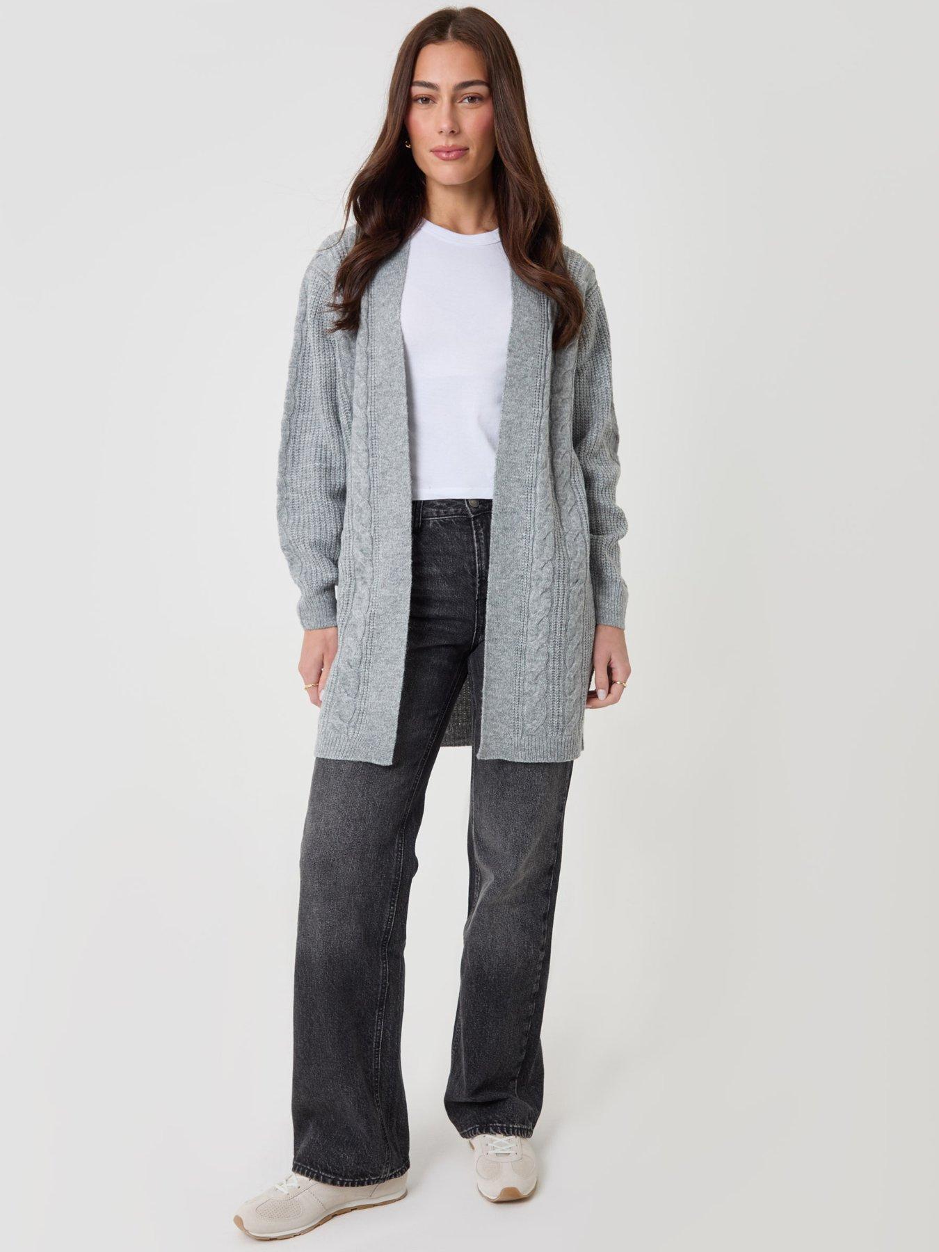 Image 3 of 4 of Threadbare Petite Cable Knit Open Cardigan In Grey