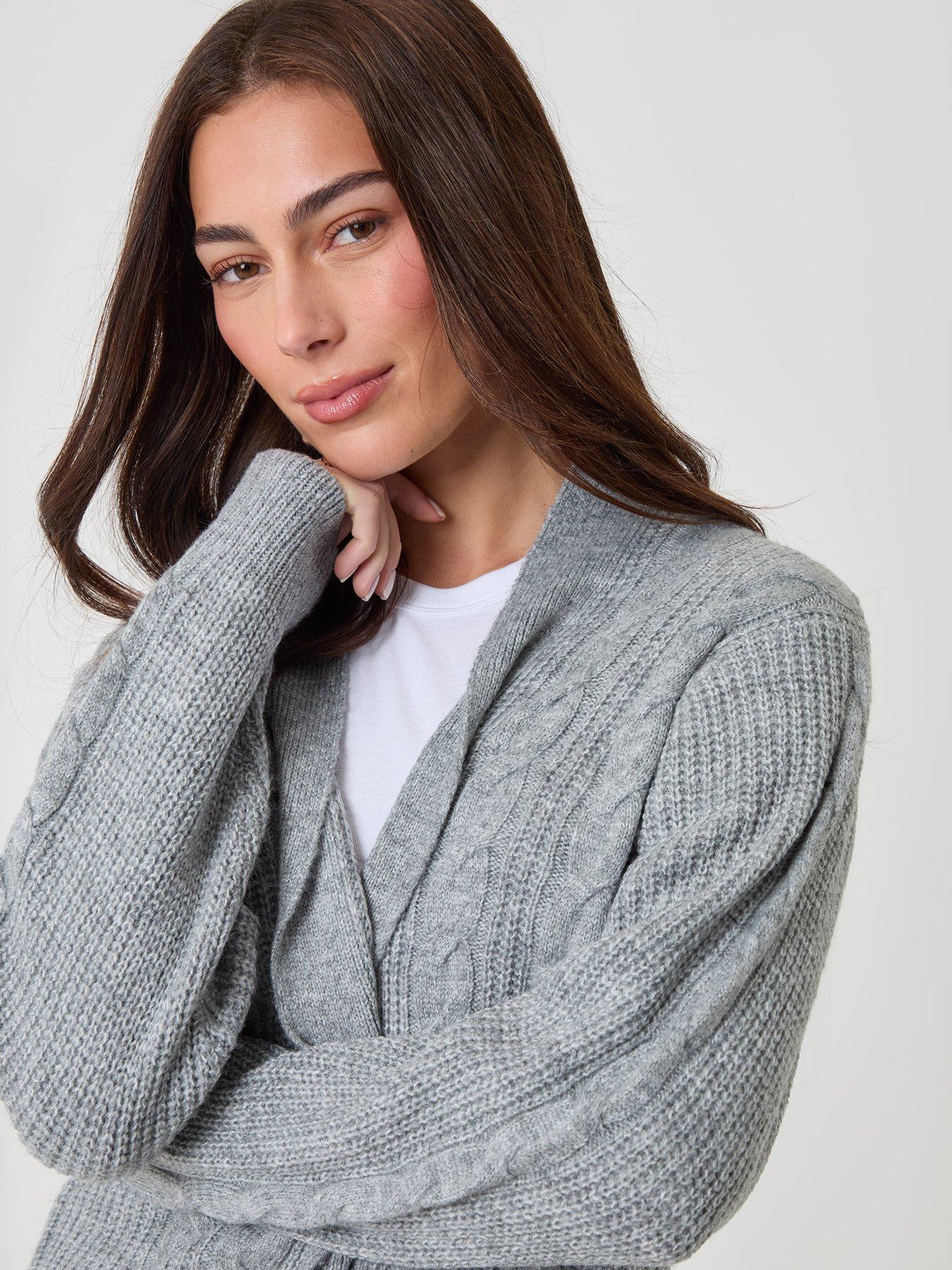 Image 4 of 4 of Threadbare Petite Cable Knit Open Cardigan In Grey