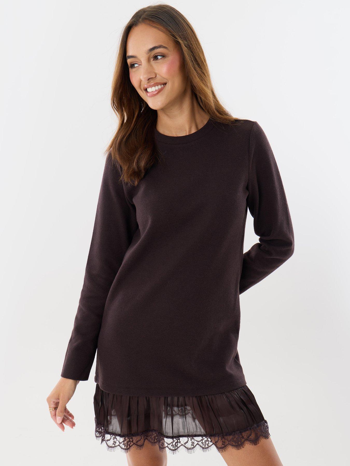 Image 1 of 4 of Threadbare Womens 2 In 1 Lace Trim Knitted Mini Dress - Brown