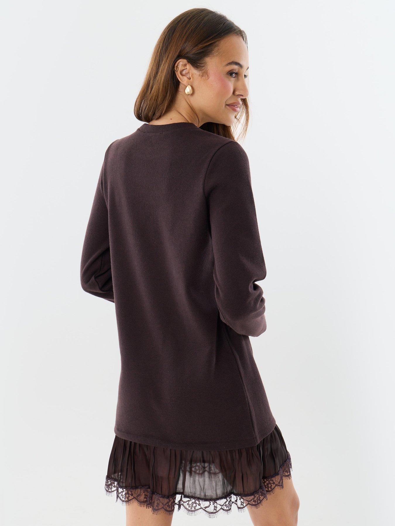 Image 2 of 4 of Threadbare Womens 2 In 1 Lace Trim Knitted Mini Dress - Brown